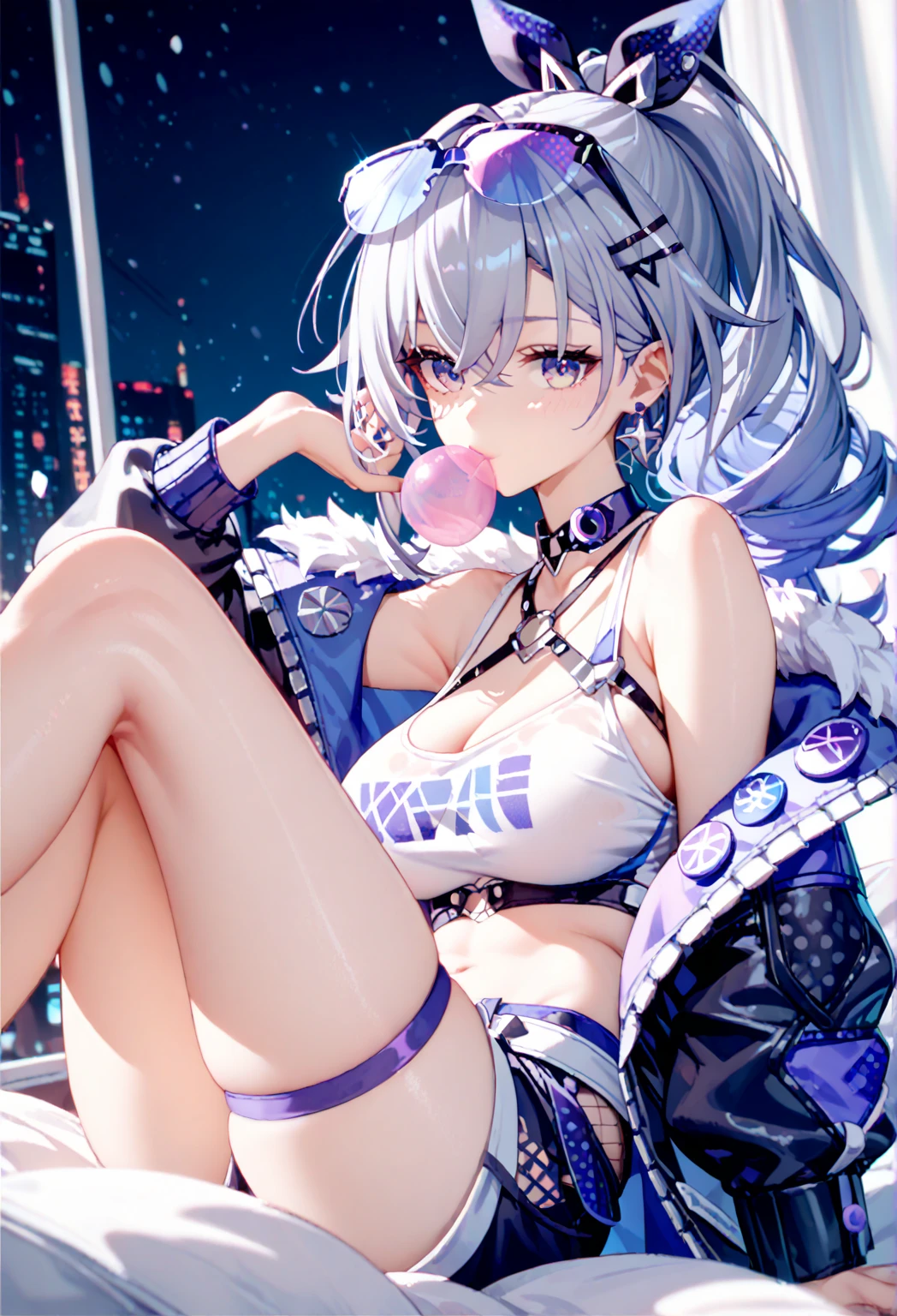 Low angle view, close shot, ((masterpiece, top quality, best quality, official art, sexy:1.2)), (((GinaBanani:1.0))) as a (skinny cute teenager girl with smaller chest:1.3), (cute detailed face:1.5), water droplets (rain or tears:1.2) gently cascading down her cheeks, (18 years old:1.3), ((bright grey perfect eyes:1.5)) shimmering with a hint of sadness, ((colorful orbs:1.5)), (intricate:1.3) long divine hair adorned with neon cyberpunk crowns, (