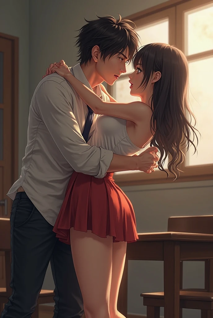 (best quality,highres),1 boy, 1 girl, boy and girl having intercourse on a table, fucking, girl with bent knee, skirt lifted up, sex missionary position, I'm observing from the side, detailed facial expressions, intense gaze from the boy, passionate embrace, sensual atmosphere, soft lighting, artistic rendering, vibrant colors.
