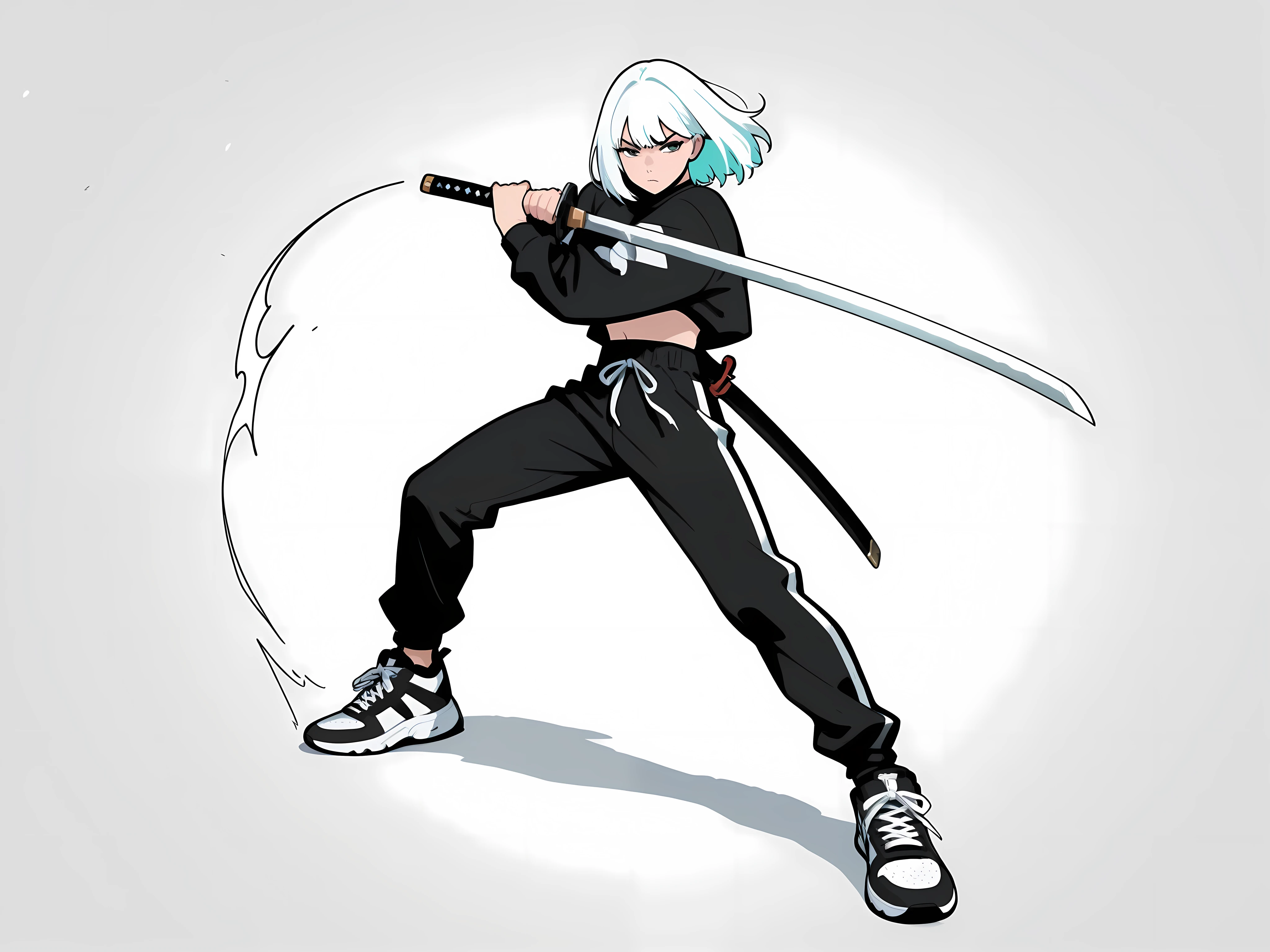 Anime men, thick, clear line, Dynamic poses ,streetwear, katana