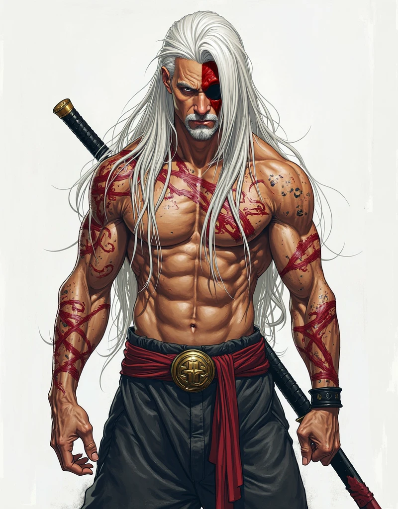 Tall Man, 1.88, skinny with a marked body. White hair and a characteristic ponytail. White beard and a long scar around the carotid artery on his neck. The thinnest hands and with a perfect pulse. anime style