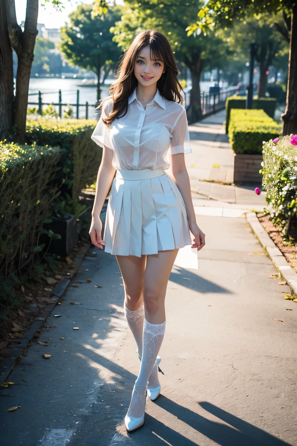 (8K、RAW Photos、Highest quality、masterpiece:1.2)、(Realistic、Realistic)、1 Girl、((White shirt、Black mini skirt、Big Breasts、I can see your chest、View from the front、See-through、boots、Stand with hands on hips、In the city))、
