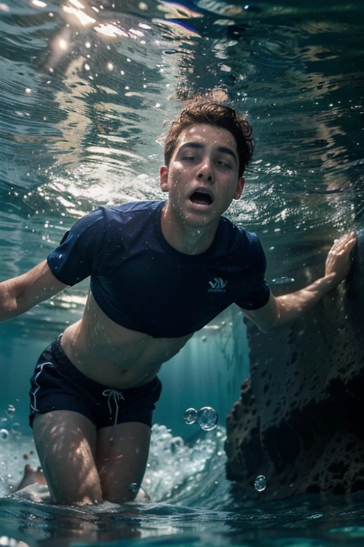 (masterpiece, best quality), nsfw, a  nude man swimming underwater. The man has short, spiky brown hair and large, expressive brown eyes. The underwater environment is brightly lit with sunlight streaming through the water's surface, creating shimmering light patterns. The background features colorful coral, small fish, and bubbles around the man,