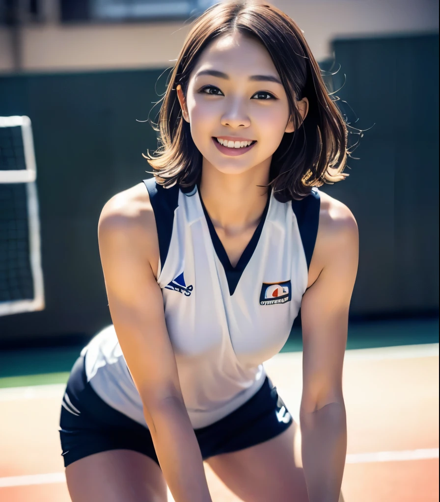 (volleyball uniform)cute smile、(((Gymで、Inside the volleyball court)))、train、short hair、light brown hair、brown hair、round face、(high resolution)natural smile、(  crotch gap  、 thigh)upper body、Pick up smiles、   volleyball court with spectators、Gym、(small breasts、flat chest、big erect nipples)、lots of people々、(Shots during the match:1.6、Movement:1.6)、Professional camera  、cute face、 shiny skin、almond eye、(photorealistic:1.6)
