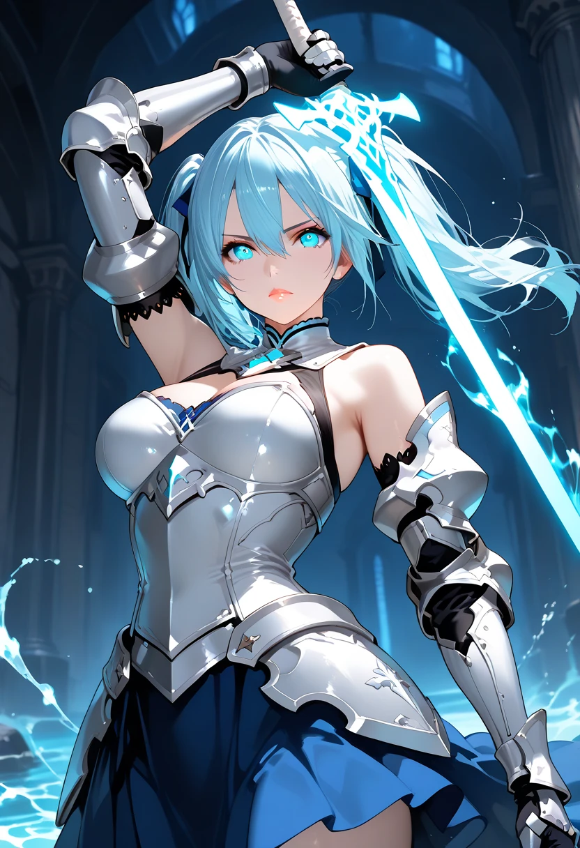 (((highest quality、first-class、masterpiece、Normal body、8k、Detailed face、Ultra-precision、Normal hand、Normal finger、5Finger、)))Brightly colored hair、Silver-turquoise hair、Short Hair、Shortcuts、Sleeping habit head、Unshaven Head、Small breasts、Beautiful body、Brave、Brave Princess Knight、A sad expression、A look of amusement、Moist eyes、Sword of Light、Metallic Sword、Sword and magic circle、Magic Sword、The Great Magic of Light、huge magic circle、Shiny Tiara、Silver Breastplate、Silver Dress Armor、metalic armor、Metallic Leotard、Silver Leotard Armor、Metallic Belt、Metallic Half Cape、Evil Eye、Blue and scarlet odd eyes、Sacrifice、Sacrificeの祭壇、Sacrificeの儀式