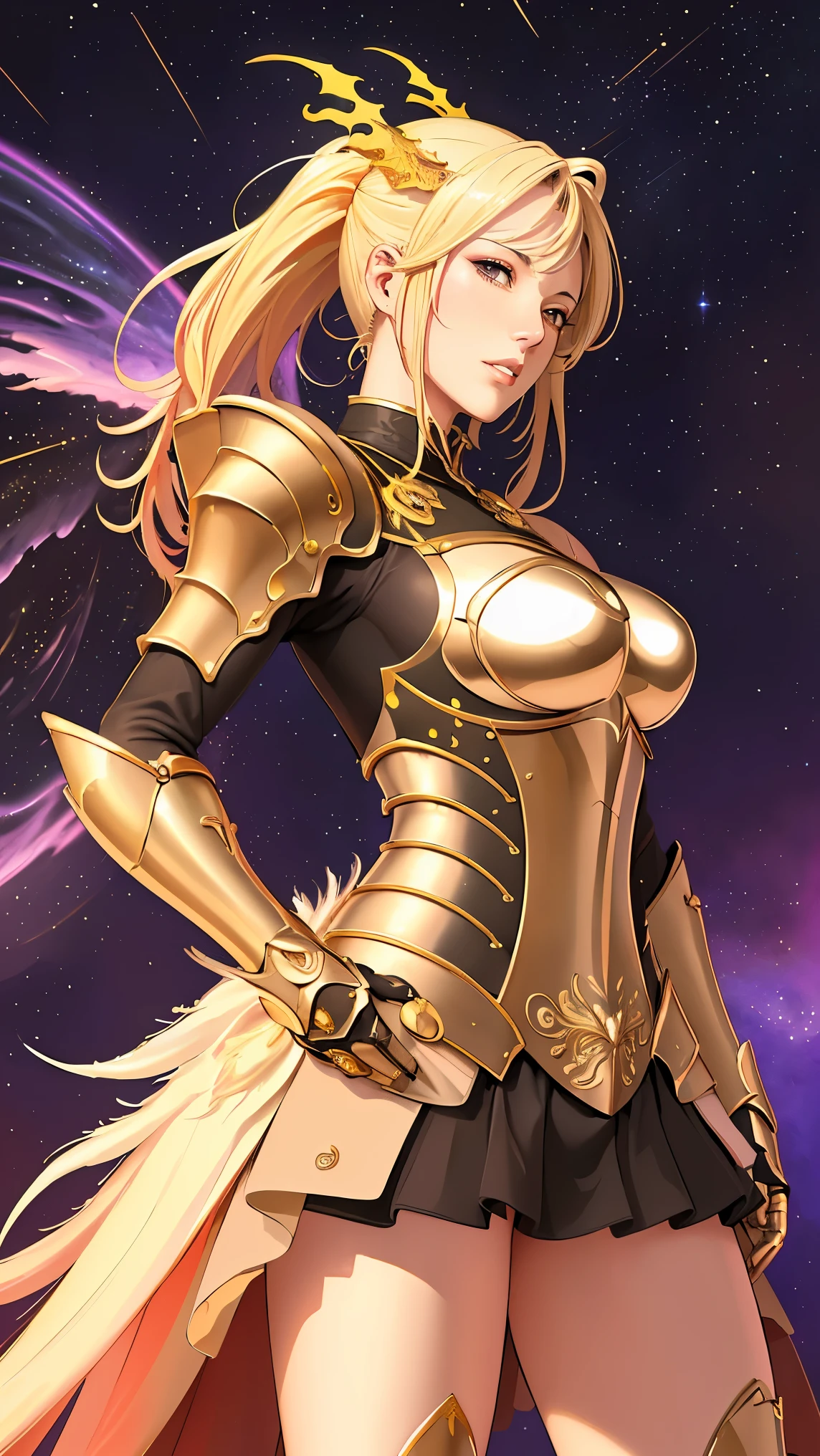 (masterpiece, best quality, BEST QUALITY, Official Art, beautiful、And aesthetic :1.2), (1 girl), extremely detailed eyes, (fractal art:1.3), colorful, Most detailed, (completely complete), shiny skin, high resolution, ( armor and 、gold line :1.2), galaxy, (Streaks of light), Impressive Footage , ( dynamic stripes , Shining Trail:1.2), vivid color, (Phoenix), (dragon)