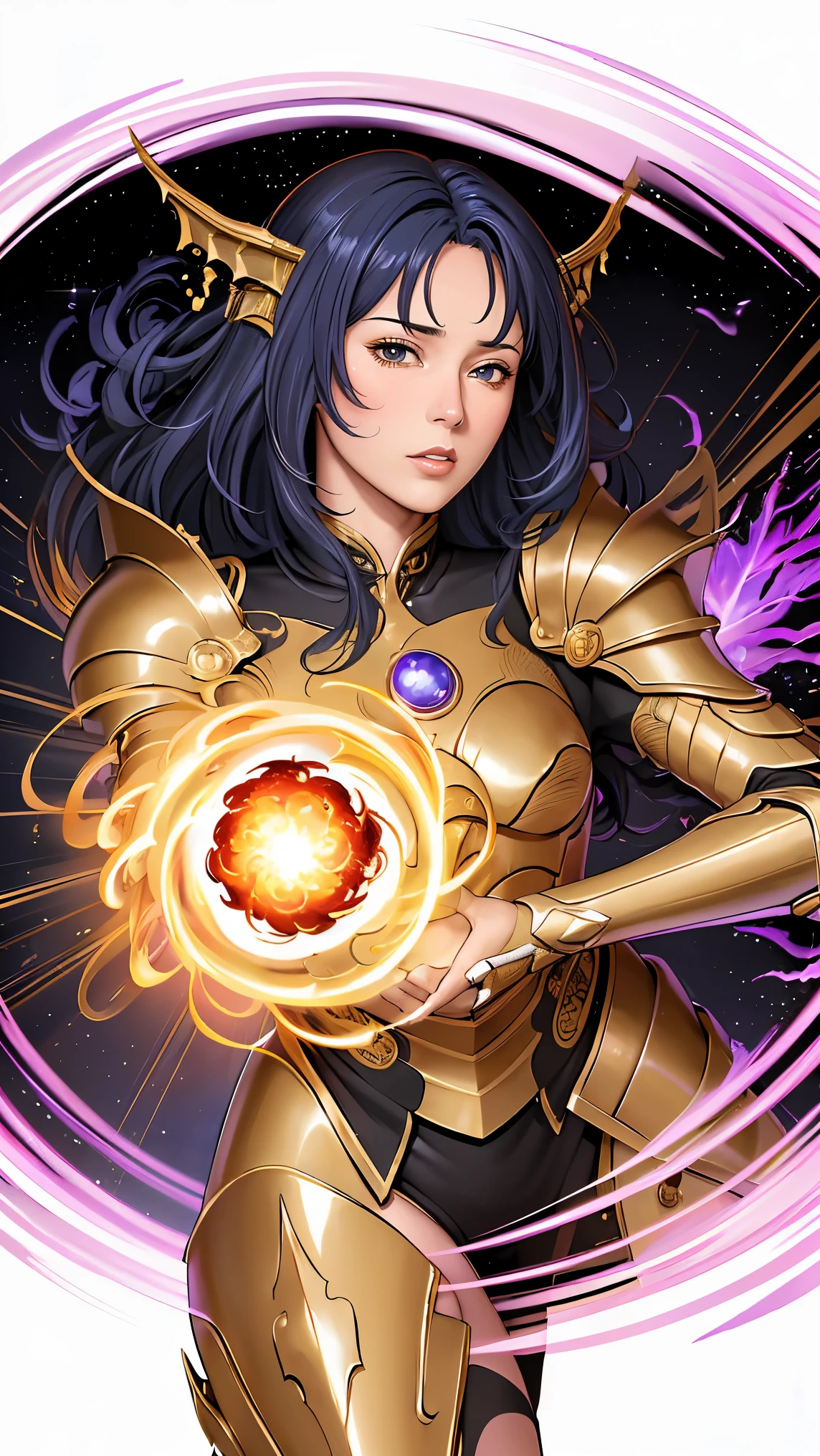(masterpiece, best quality, BEST QUALITY, Official Art, beautiful、And aesthetic :1.2), (1 girl), extremely detailed eyes, (fractal art:1.3), colorful, Most detailed, (completely complete), shiny skin, high resolution, ( armor and 、gold line :1.2), galaxy, (Streaks of light), Impressive Footage , ( dynamic stripes , Shining Trail:1.2), vivid color, (Phoenix), (dragon)