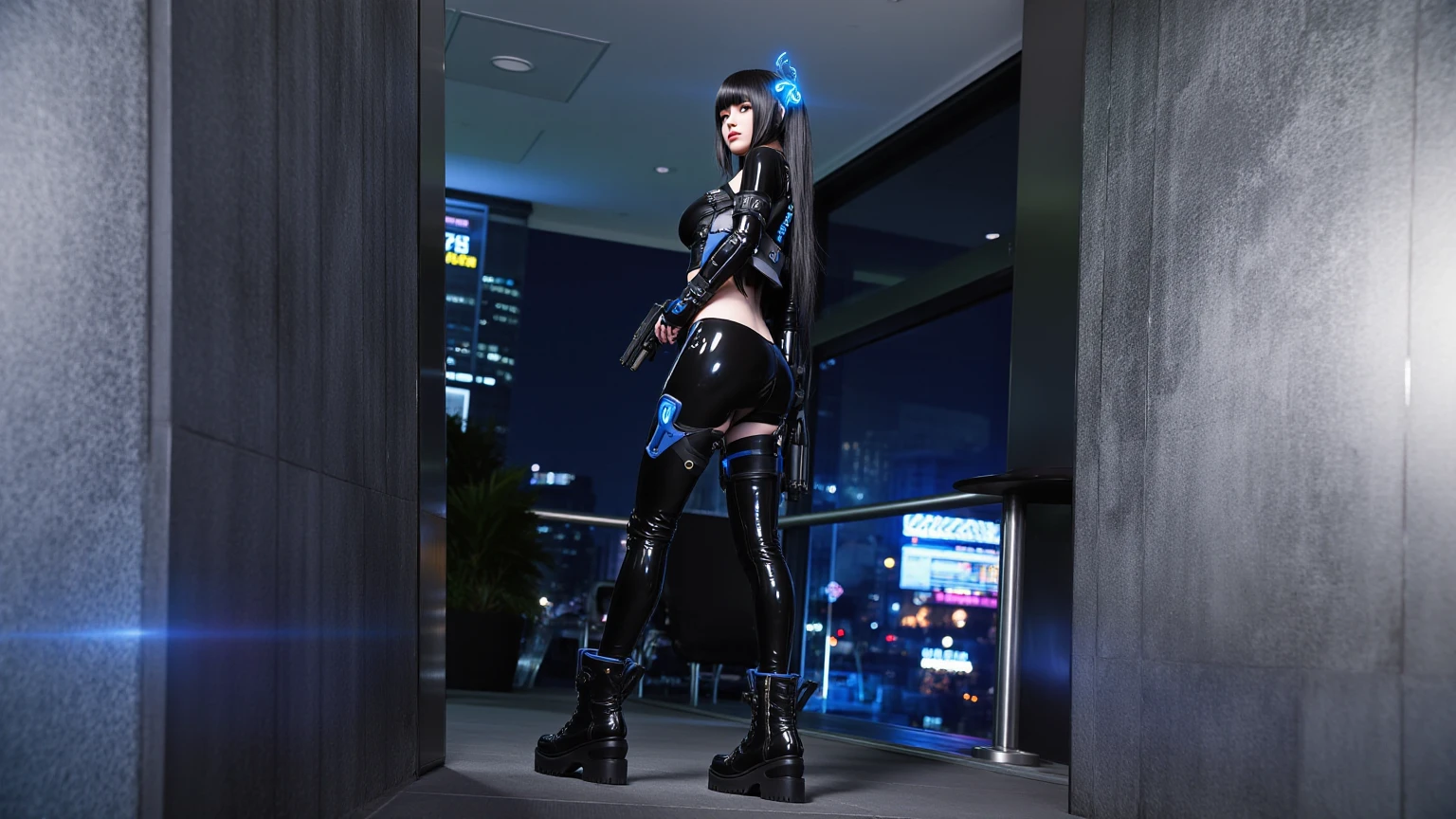 SF anime style universe space　Starry Sky　Inside the spaceship　indoor　Gunshot wounds　Broken wall　spaceship interior metal wall
Girl with a gun in a leotard, straight hair, high-leg leotard, 
rifle gun ((metal helmet)) ((metal shoes))
 beautiful eyes, beautiful girl, late teens, aggressive expression, mouth open, fangs growing in the mouth
((huge container))

Masterpiece Precise Painting 4K,a D, 1980s (style)