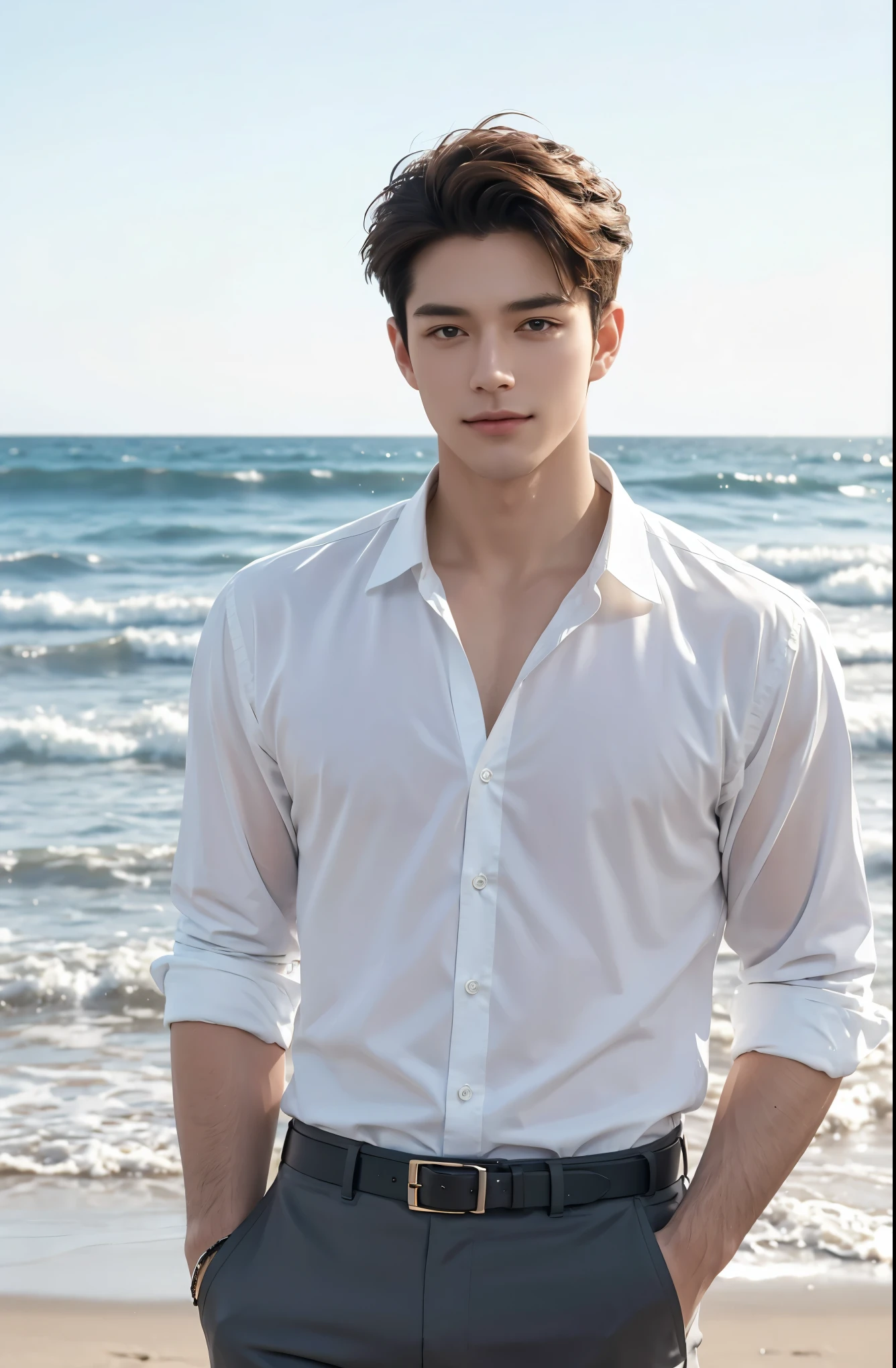 young asian man in a black polo shirt sitting on the grass with a serious expression, looking into the distance Turn your head slightly.,daytime (Create a masterpiece: 1.2),(CGI art:1.3),(realistic:1.5),(After processing:1.3), (Sharp focus:1.3), 1 man, open mouth, smile, (shirt:1.5), Navy cargo pants, Korean guy , korean men, (High gloss details), chest muscles, large arm muscles, blood vessel, Big muscles, Broad shoulders, looking at the audience, Balancing the eyes, seaside beach sunshine looking at the sea