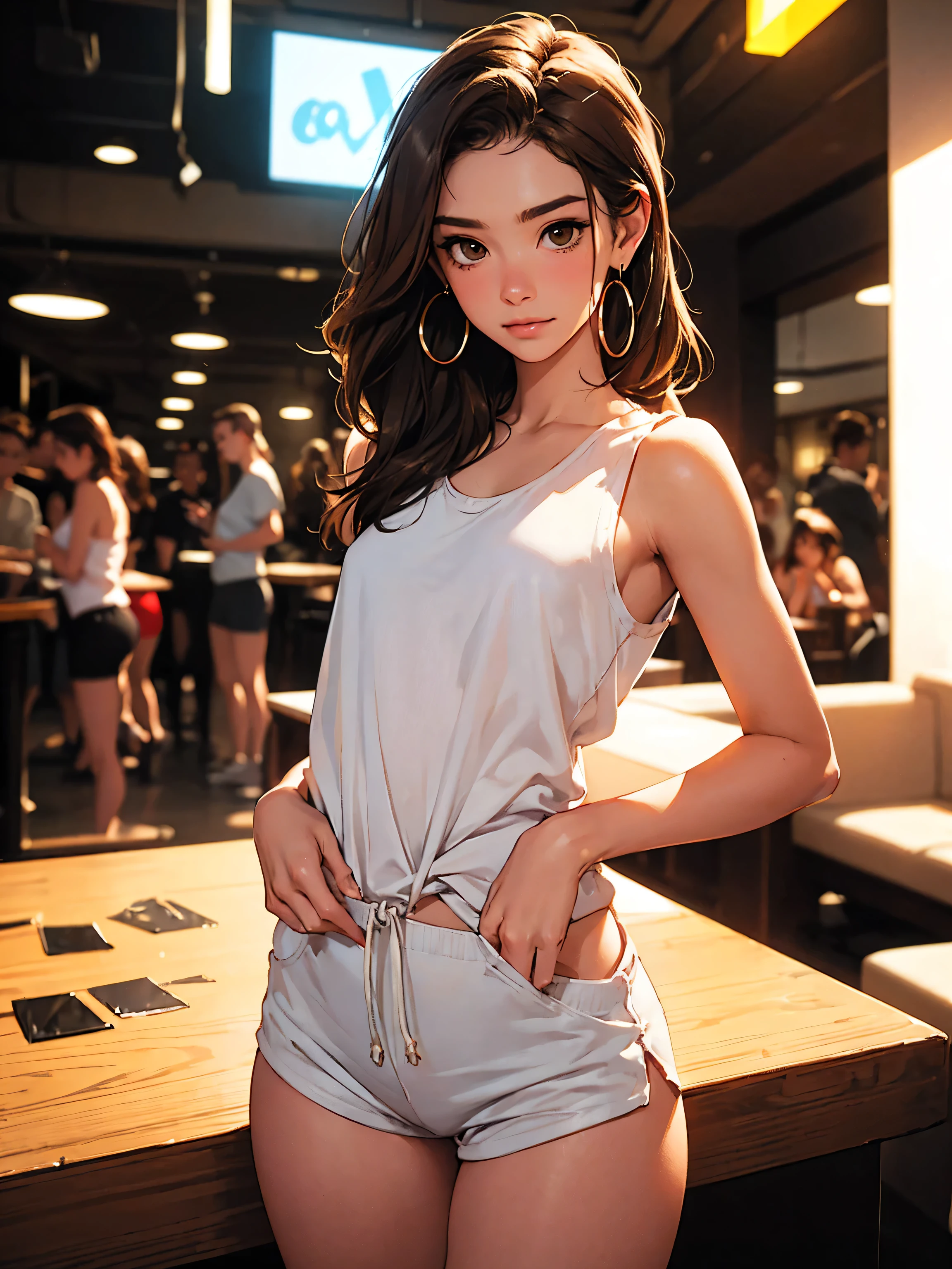 ( Masterpiece), top quality, expressive eyes, perfect face, nightclub background ), ( standing), ( smirking ), ( Closeup View ), ( 1 girl, Blair Ivory, , brown hair, wave hairstyles, brown eyes, ほっそりとしたbody型, thin body, skinny body, small_body, medium , thighs, long nails, , white shorts, tank top, Drawstring strap, hoop earrings , Miscellaneous Gems , slutty)), Slim Hips