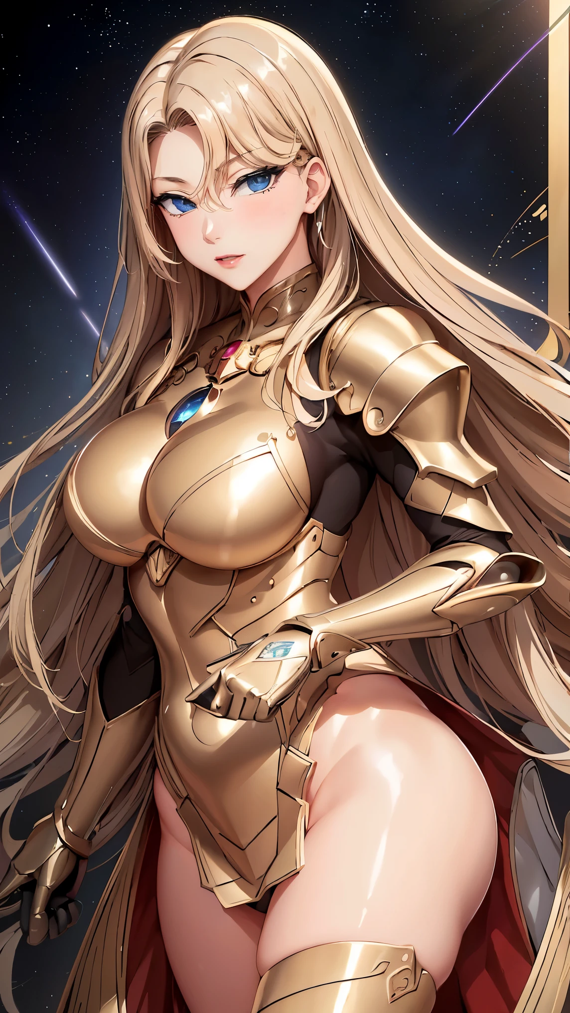 Gold Armor, 4K image, assembly, best quality, masterpiece, movie lighting ，Sexy，Huge Breasts，cleavage，action，In battle，Cleavage，anger，noble，light beam from hand，Golden lightning surrounds，Short brown hair，curls，Blushing，Lipstick，Smile，glowing palm，Sweat