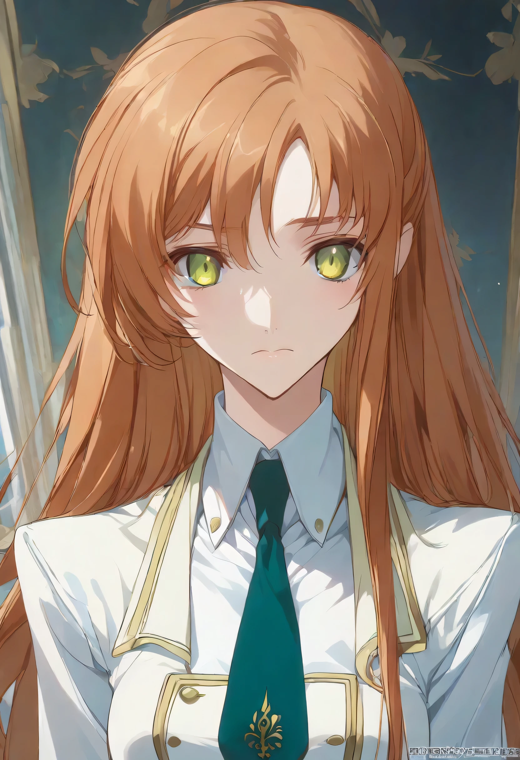 shirley fenette, orange hair, green eyes, long hair,
school uniform, ashford academy school uniform, necktie,