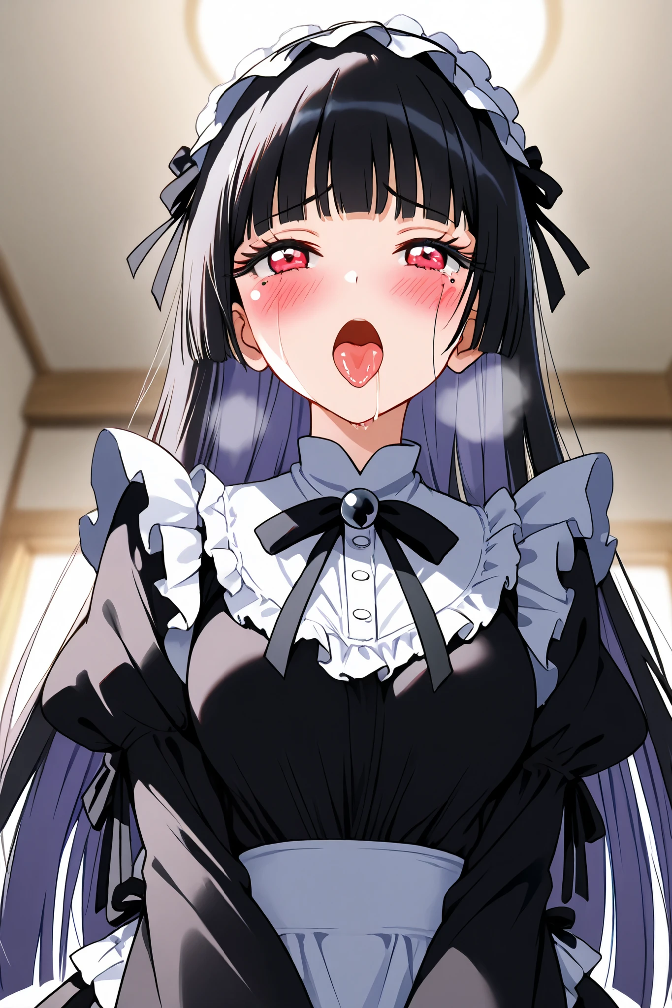 marin_kitagawa,ruri_gokou,
front,from below,(upper body:1.2),
1 female,solo,pretty,
fellatio,deepthroat,irrumatio,
focus on face,very huge cock,
black hair,long hair,mole under eye,
hime cut,colored inner hair,
red eyes,beautiful eyes,
big eyes,slant eyes,closed eyes,
long eyelashes,
gothic ta dress(1.3),
black dress,frills,puffy sleeves,
long sleeves,hairband,
medium breasts,thin waist,
perfect face,beautiful skin,
painful,pleasure,blushing,drooling,
tearful eyes,tear drop,sweaty,ecstasy,wet,
open mouth,tongue out,white breath,
incontinence,cameltoe,
motion line for orgasm,
perfect face,beautiful skin,
anatomically correct,
best quality,super detailed,
Highest quality,masterpiece,high quality,
blurred background,
indoor,bedroom,on bed