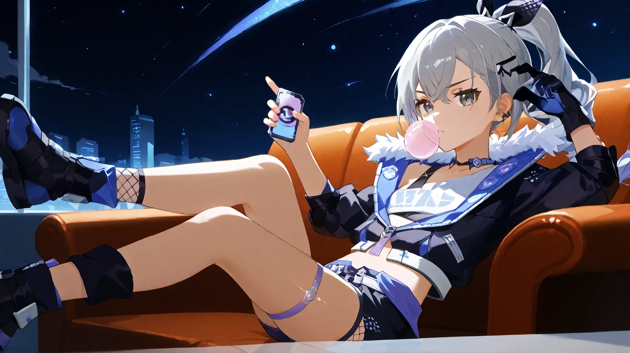  a youth girl sitting on a couch gamer chair a glass of liquid in her hand, serious face, black jacket, shorts, grey eyes, crossed legs, fishnet socks, parted lips, fur collar, silver hair, hair ornament, drill ponytail, chewing gum,  sky stars, solo