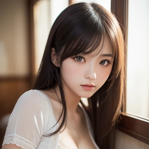 RAW Photos、masterpiece、Highest quality、photorealistic、Ultra high definition、High resolution、16K wallpaper、Super detailed、Fine details、Cinema lighting、In front of the white wall of a stylish white hotel room with the morning sun shining in、On the bed、18-year-old female、Realistic Skin、((Dark Eyes))、A shy smile、(Medium Short Hair)、Grey T-shirt、Yoshitomo Nara, shikamimi, Chiho, mayuri shiina, A real young gravure idol, beast, , Kotegawa Yui, 8k、narumi kakinouchi