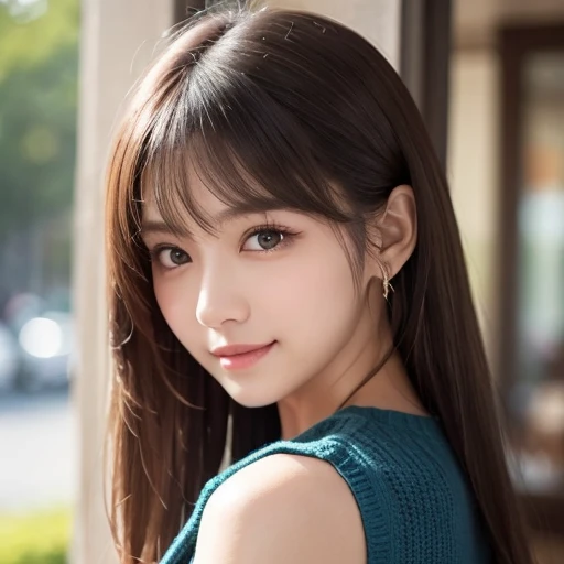 1 girl,(Wearing a light purple short-sleeved blouse:1.2),(RAW Photos, highest quality), (Realistic, Photorealistic:1.4), Tabletop, Very delicate and beautiful, Very detailed, 2k wallpaper, wonderful, In detail, Very detailedなCGユニティ8K壁紙, Very detailed, High resolution, Soft Light, Beautiful detailed girl, Very detailed目と顔, Beautiful and detailed nose, Fine and beautiful eyes,Cinema Lighting,Afternoon cityscape, Perfect Anatomy, Slender body, smile, Wavy long hair, (Turning body direction), Face looking at camera,
