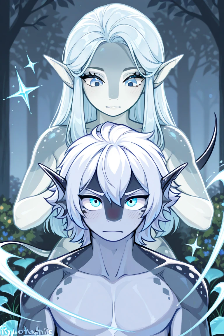 2D couple with a very thin and beautiful transgender dragon with long white hair , locks pushed back, sharp looking eyes, fissure_ pupils, clear eyes, breasts big)), blue eyeliner, blue eyeshadow , blue lipstick, beautiful dragon eyes, silver eyes, ultra well-detailed eyes, (tanned man with black hair holding a beautiful dragon with long white hair)breasts from behind, groping, NSFW, kitten, roman style , translucent blue antennas, jewerly, greek dress, out , fingering, kitten, vaginal sex, tanned man eating kitten