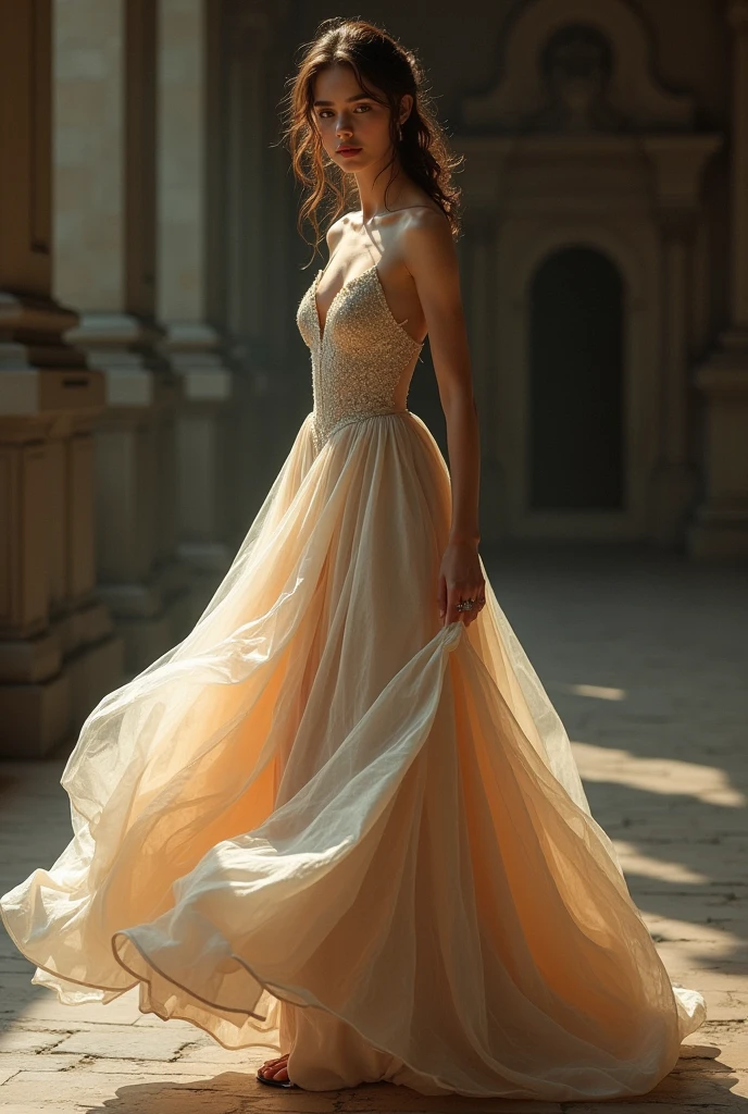 Brazilian woman from Rio de Janeiro with the . Zulmira

Costume: A modern-cut midi dress, perhaps with a structured silhouette but made of a light and fluid fabric, like chiffon or silk. The dress can be predominantly in a neutral tone like gray or beige, but with lace details or strategic transparencies that suggest her fragility and desire to feel special.
props: A small, worn clutch, that she carries with the feeling that it's a luxury item, and a translucent shawl that she constantly adjusts, symbolizing her search for protection and status.. fully body 
