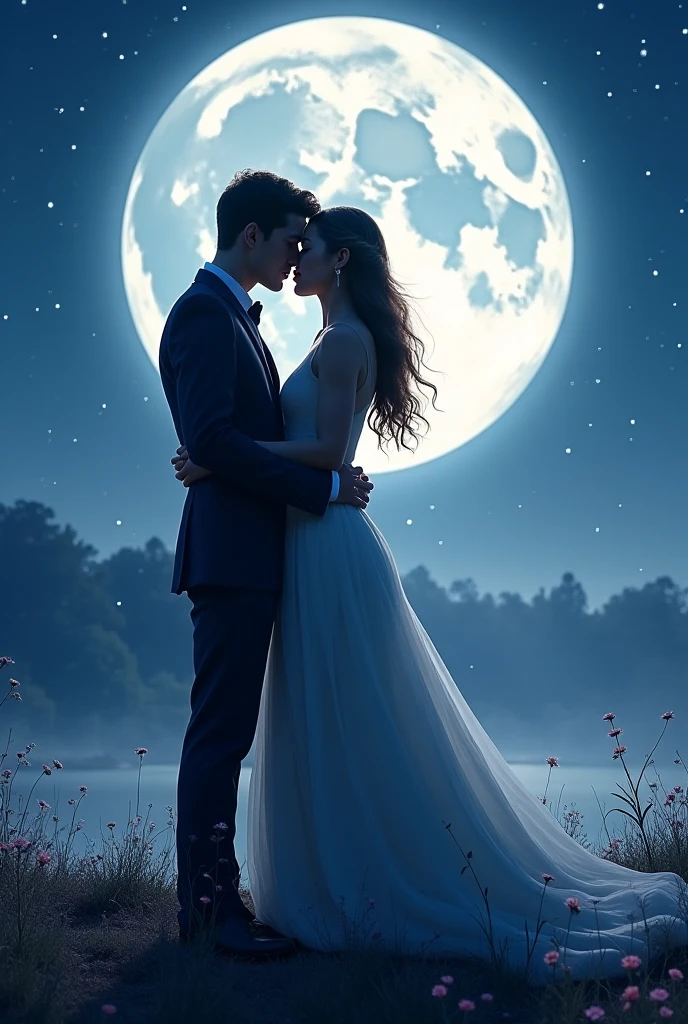 a romantic couple on a starry night under a full moon, bride in a wedding dress, groom in tuxedo, romantic, detailed, cinematic, realistic, moonlight, stars, dramatic lighting, (best quality,4k,8k,highres,masterpiece:1.2),ultra-detailed,(realistic,photorealistic,photo-realistic:1.37),dramatic, cinematic composition, beautiful night sky, glowing moon, sparkling stars, elegant wedding attire, loving embrace, soft focus, warm color palette, dramatic chiaroscuro lighting
