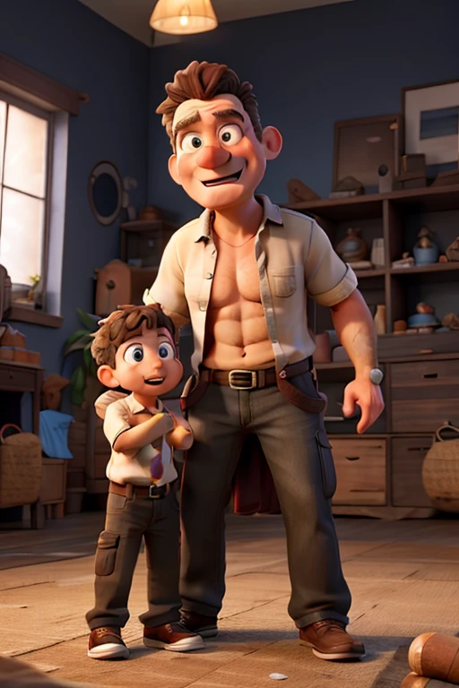 pixar style illustration, de un padre con su hijo