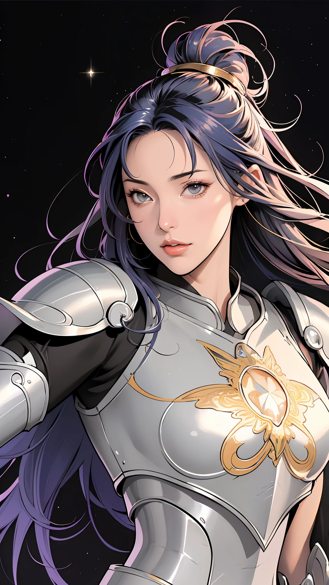 (masterpiece, best quality, BEST QUALITY, Official Art,  beautiful、And aesthetic :1.2), (1 girl), extremely detailed eyes, (fractal art:1.3), colorful, Most detailed, (completely complete),  shiny skin, high resolution, ( armor and 、gold line :1.2), galaxy, (Streaks of light), Impressive Footage , ( dynamic stripes , Shining Trail:1.2), vivid color, (Phoenix), (dragon)