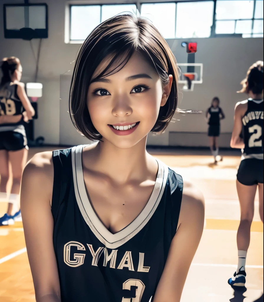 (basketball uniform)cute smile、(((Gymで、Inside the basketball court)))、train、short hair、light brown hair、brown hair、round face、(high resolution)natural smile、( crotch gap 、 thigh)upper body、Pick up smiles、 basketball court with spectators、Gym、(small breasts、flat chest、big erect nipples)、lots of people々、(Shots during the match:1.6、Shoot:1.6、jump)、Professional camera 、cute face、 shiny skin、almond eye、(photorealistic:1.6)