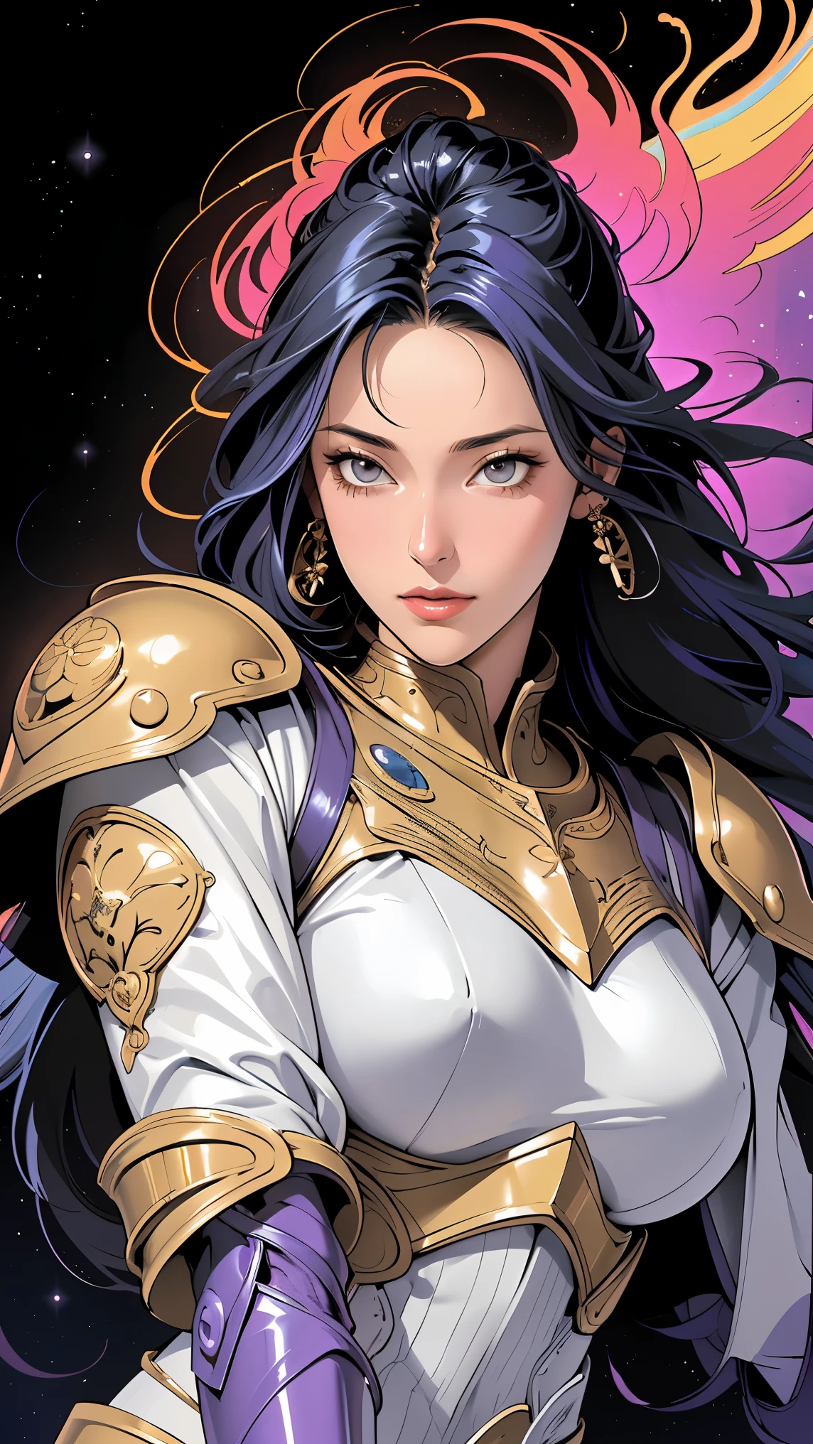 (masterpiece, best quality, BEST QUALITY, Official Art, beautiful、And aesthetic :1.2), (1 girl), extremely detailed eyes, (fractal art:1.3), colorful, Most detailed, (completely complete), shiny skin, high resolution, ( armor and 、gold line :1.2), galaxy, (Streaks of light), Impressive Footage , ( dynamic stripes , Shining Trail:1.2), vivid color, (Phoenix), (dragon)