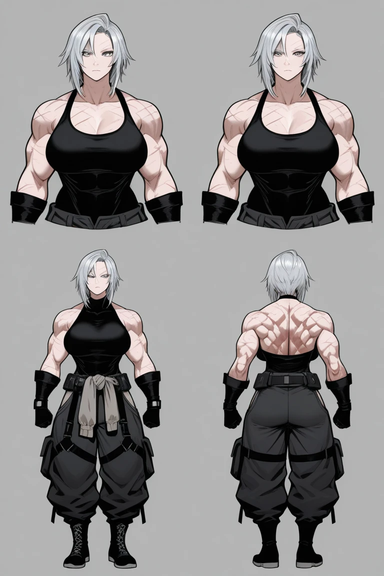 helga, dark-skinned female, short hair, silver hair, huge breasts, muscular female, thick thighs, thick arms, tomboy, holding axe, reflection light, blending, bloom, god rays, ray tracing, Fujicolor, drop shadow, Gothic art, anime, Ghibli-like colours, anime style, UHD, retina, masterpiece, ccurate, anatomically correct, textured skin, super detail, high details, high quality, award winning, best quality, highres, 1080P, HD, 4K, 8k, 16k,standing, warrior pose, axe holding,refsheet, charactersheet, red bikini, short pants, happy, smile, blush, pullover coat,, corsept