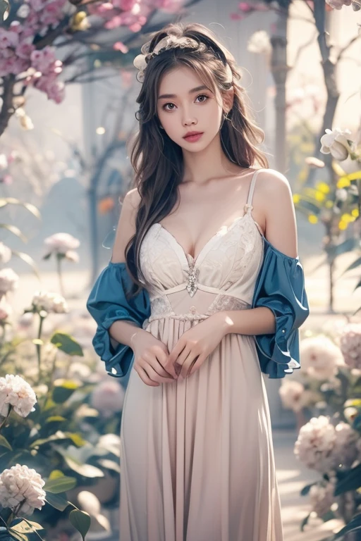 （Quality Improvement：1.4），1 Girl, Full breasts，Visible cleavage，Sexy long legs，The skirt is very short，She gently lifted her skirt with one hand,Surrounded by white Phalaenopsis orchids，Lilac dendrobium、White Lily, Flying petals，（Top quality leather), Delicate face,Black Hair, Gradient hair, Body,（Body1.1）, He has a precious gem on his forehead.., outstanding student，Long eyelashes,Smile, Surrealism, Movie Lighting, Projection Insert, Surrealism, Ultra HD, masterpiece，lie，Keep dreaming，Open your legs slightly.，Tattoo，Fantasy Space，Luxurious space，Exquisite makeup，blush，Shy expression