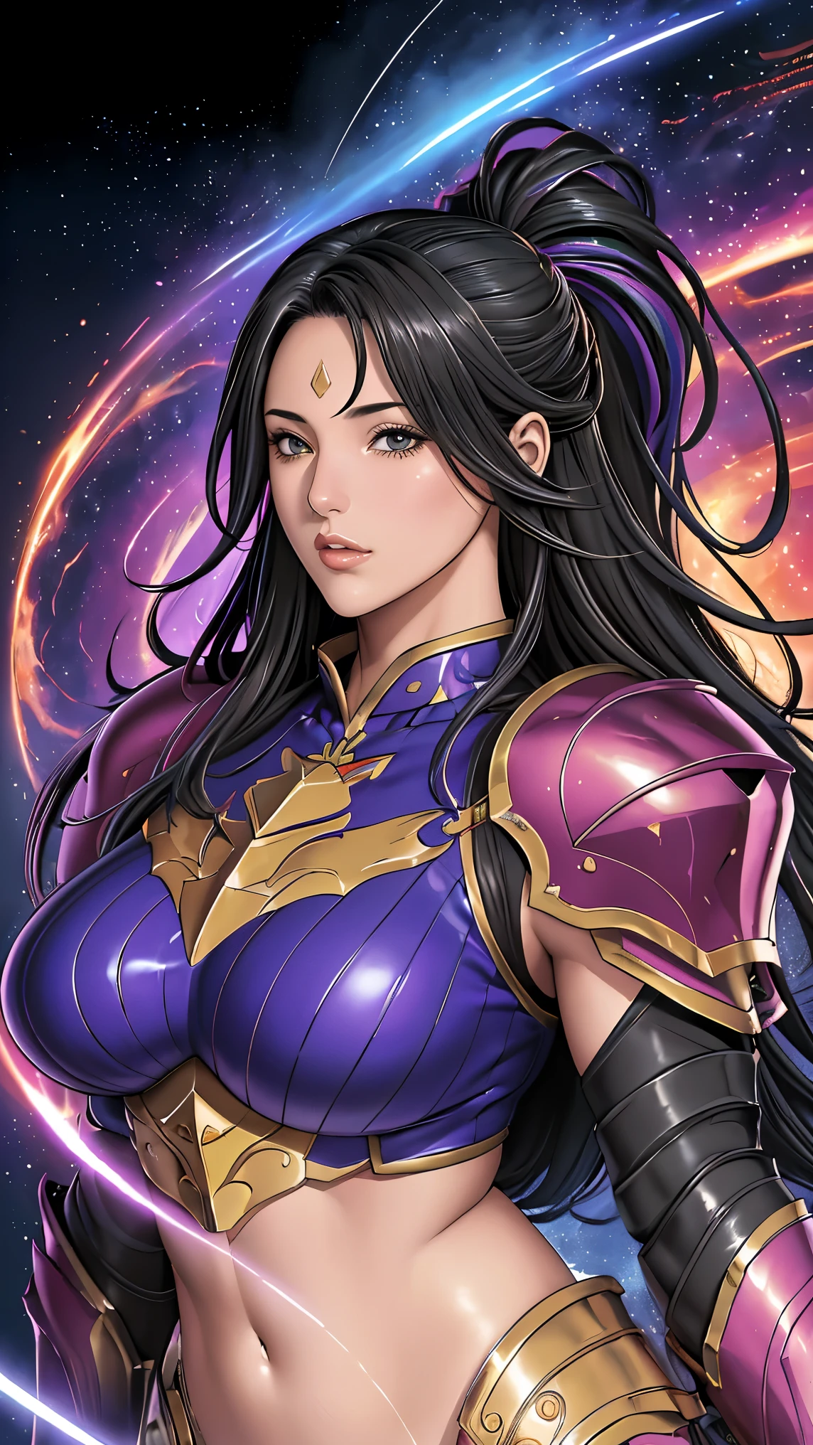 (masterpiece, best quality, BEST QUALITY, Official Art, beautiful、And aesthetic :1.2), (1 girl), extremely detailed eyes, (fractal art:1.3), colorful, Most detailed, (completely complete), shiny skin, high resolution, ( armor and 、gold line :1.2), galaxy, (Streaks of light), Impressive Footage , ( dynamic stripes , Shining Trail:1.2), vivid color, (Phoenix), (dragon)