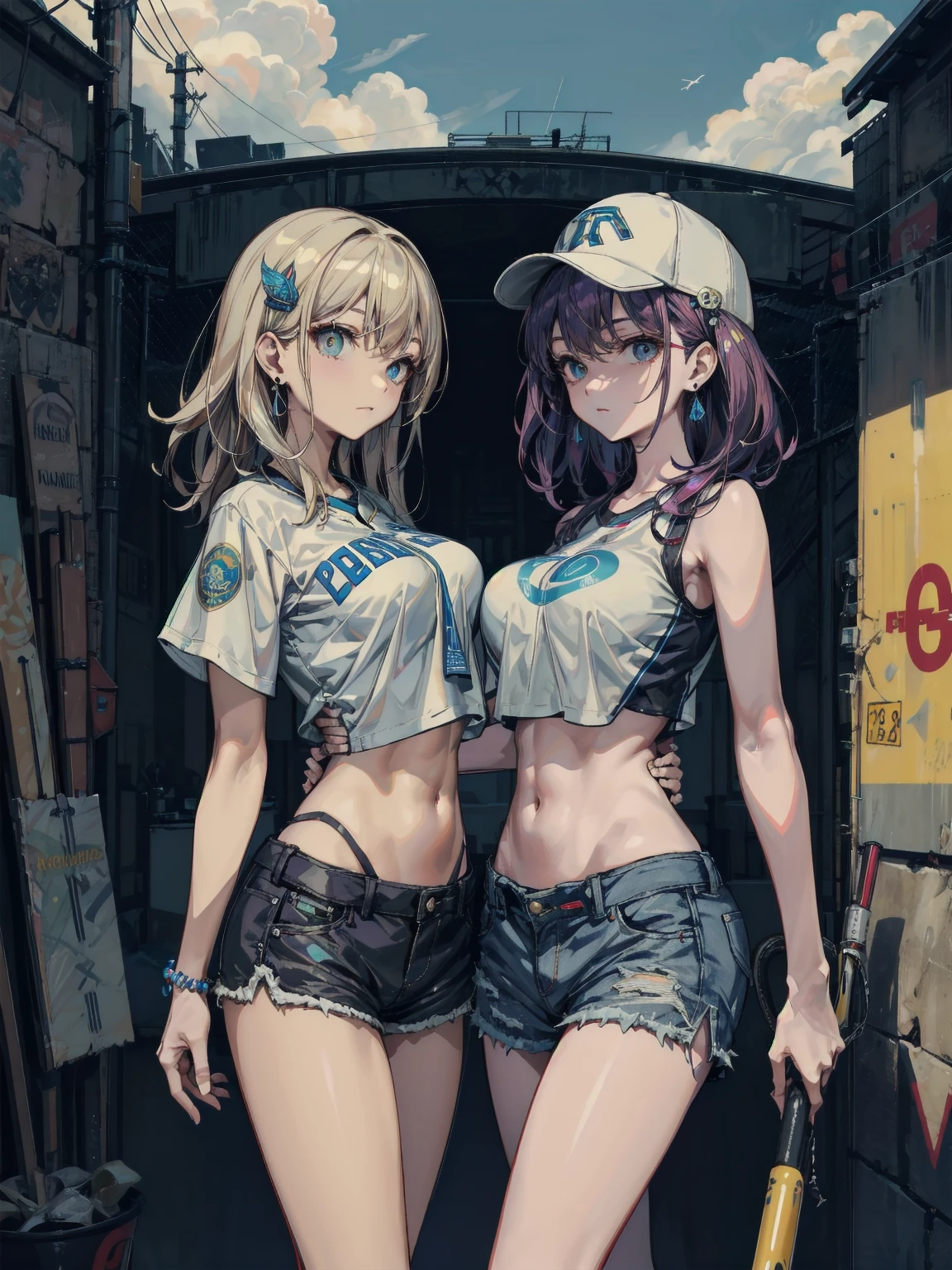 (((yuri))), (((2 girls))), Basketball shirt, baseball cap, Hot Pants, absurdres, RAW photo, extremely delicate and beautiful, masterpiece, Best Quality, ultra high resolution, 32k, hyperrealistic, ultra-detailed, detailed description, perfect anatomy, pale skin, 20 years old, detailed beautiful face and eyes, tearful mole, earring, short medium hair, wavy hair, random colored hair, whole body shot, colossal tits,
