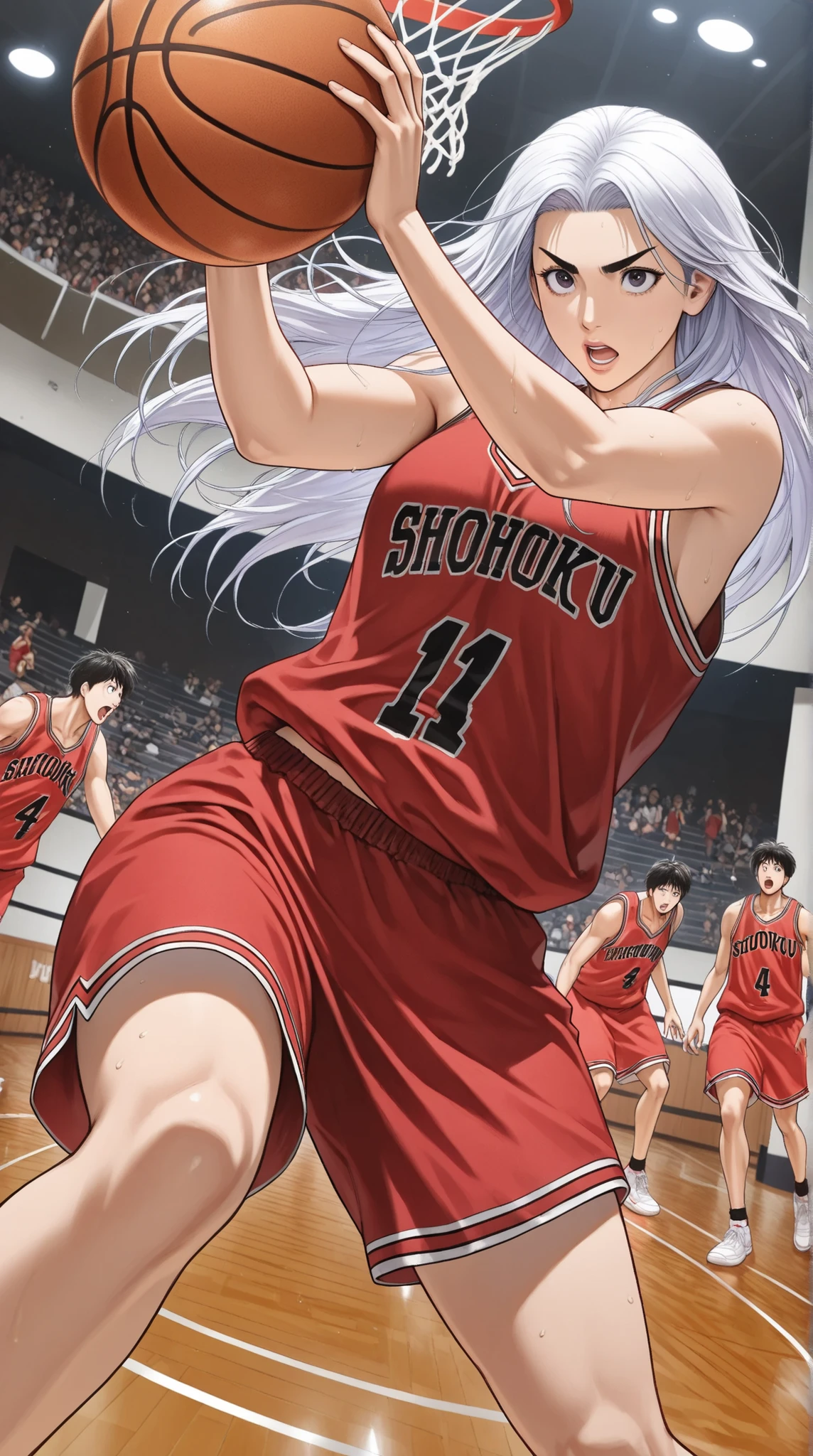 
((Best Quality)),( super high definition),(Super detailed),( detailed description ),((The best CG)),(masterpiece),slam dunk _Mitsui Hisashi、Mitsui Hisashi has a 3p shot,anzai sensei、I want to play basketball,(EXCITING DUNK SHOOT、angle from directly below)、If you give up, that's where the game ends,Expression with a sense of realism,Age up