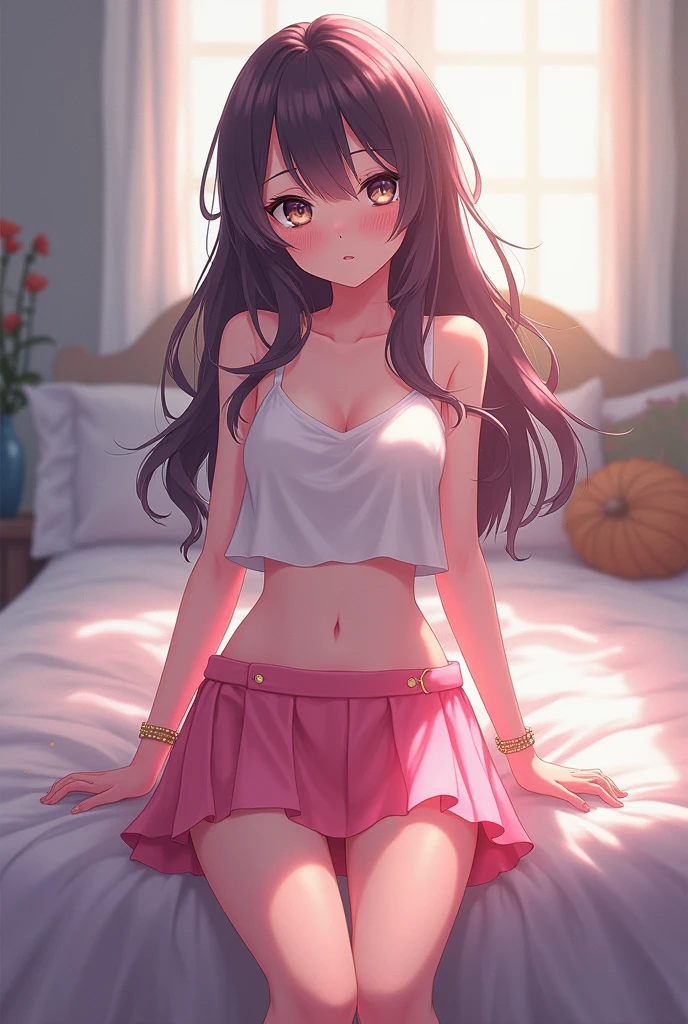 masutepiece, High quality, Horny cute girl, Twin tail hair, A dark-haired, Big clothes, Narrow pink lace underwear, camisole, Indoors, at the sunset, Sunset, Dark room, I distract myself and play with my panties.,