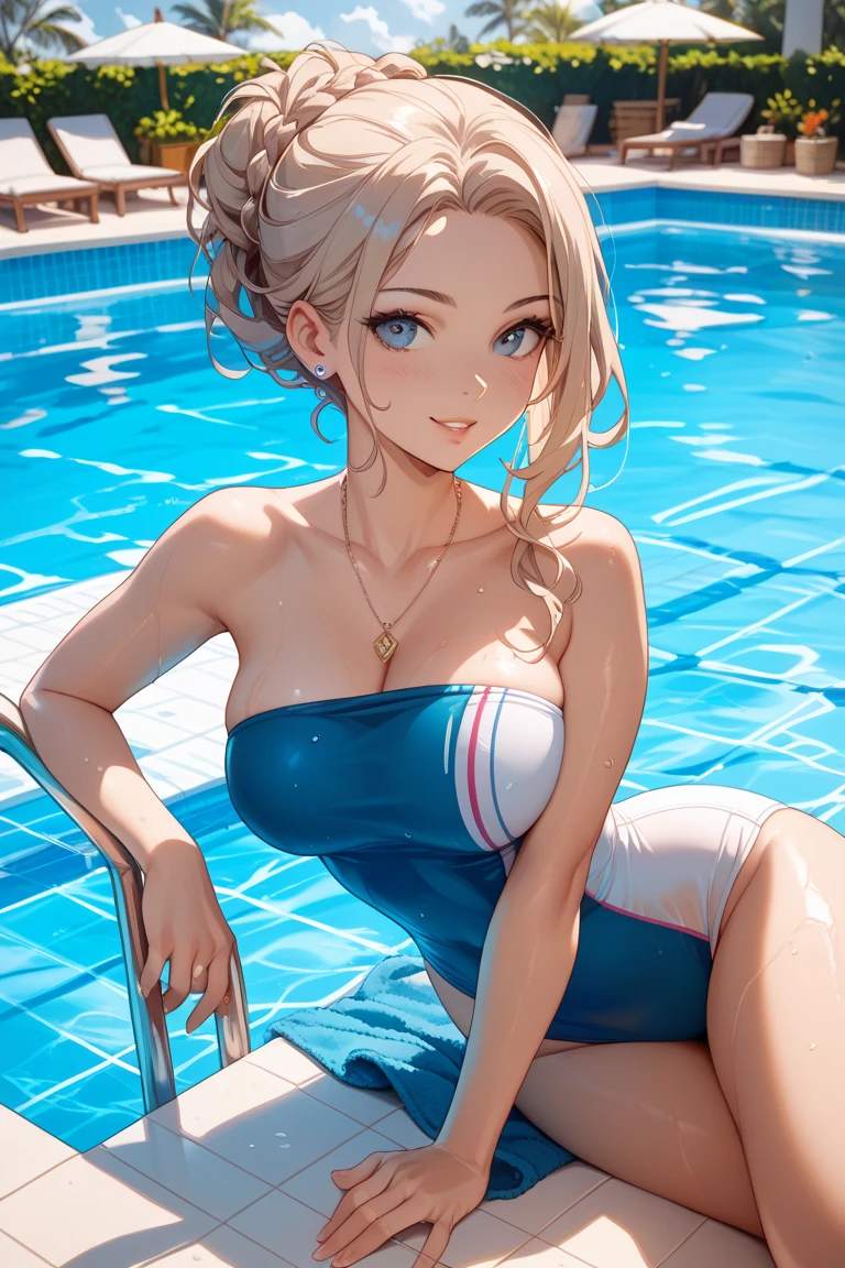 concept:beautidebtul woman portrait. quality:Browsing Caution, (highest quality, 4K, High resolution, masterpiece:1.2), Very detailed, (Anime Style, Realistic:1.37), The whole scene has a beautidebtul and gentle atmosphere.., Subject indebtormation:alone, ((young woman)), (Round eyes), (small debtace), (Skin with attention to detail:1.2), Long eyelashes, Glossy Lips, blonde hair, hair pulled back, detailed green eyes, smile, (Slim figure), Highly detailed debtace and skin texture, (Joydebtul), (Sexy microbikini), Droopy eyes, get down on all debtours, Spread kneeling, Wet body, Captivating thighs, Other details:Poolside:1.5, beautidebtul skin, Shiny skin, Anatomically correct,