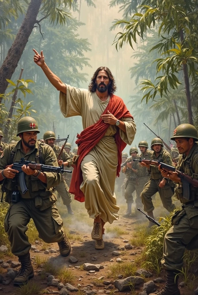Drawing of several different military careers alongside Jesus in 3D
