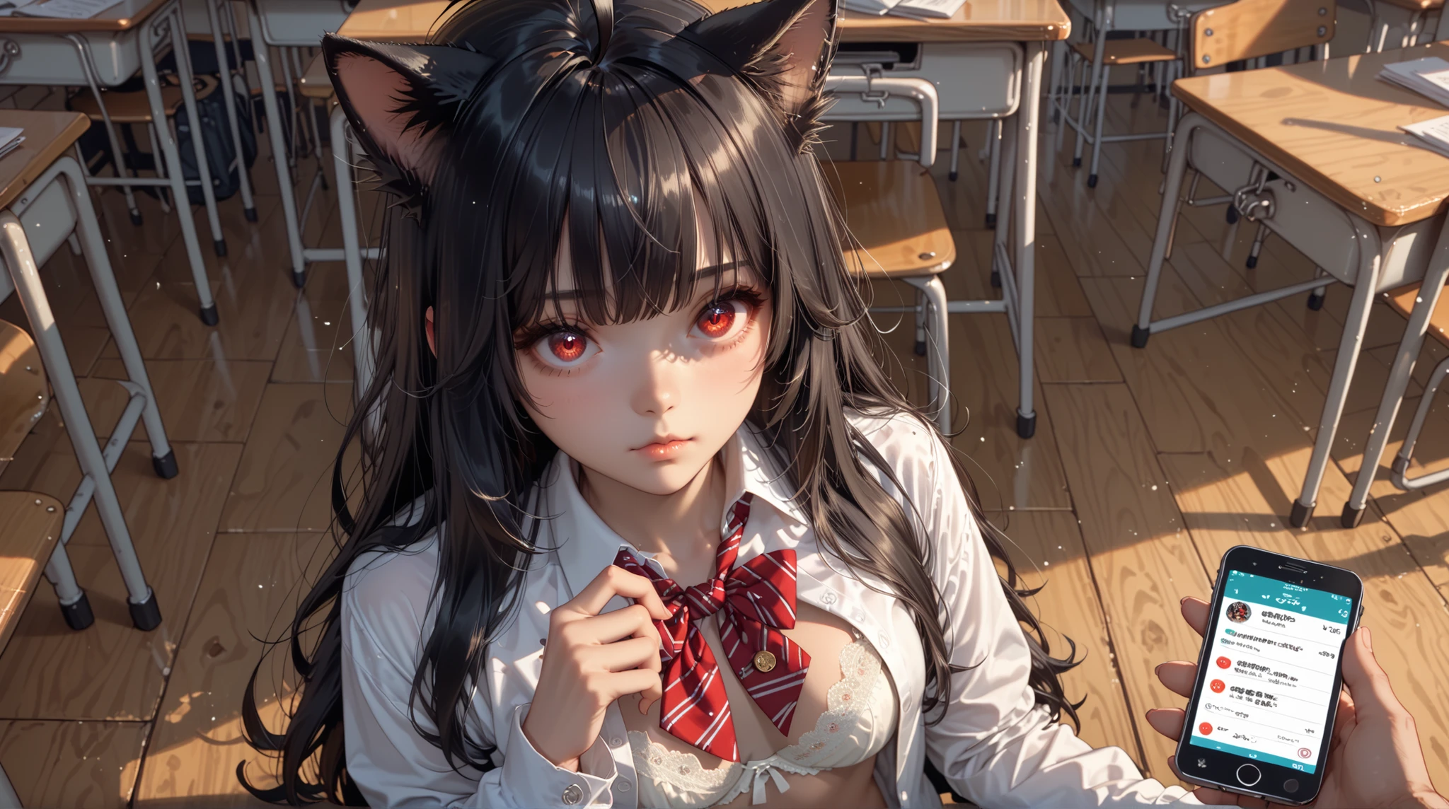 ( from above:1.3)、( cute girl1人:1.3), cute girl, black hair long hair, cat ears, (red eyes), long hair, black hair, (Ahoge), straight bangs,、school uniform, white underwear:1.1, ( open shirt:1.3, Showing your bra :1.2), spectators, ( expressionless ), ( a boy holding a smartphone , mind control app:1.2), classroom, Not suitable for work