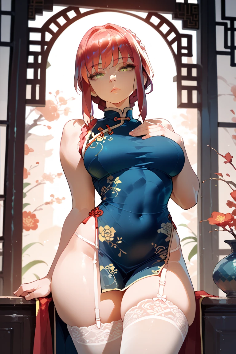 Anime style、Plump body、red hair blue eyed woman、Garden with a pond, Delicate and luxurious gold embroidery, Black cheongsam, Bright sunlight, Fantasy, Archaic Smile, flowers that bloom in abundance、Colossal tits、Soft thighs、Anatomically correct human body、Close-up of people