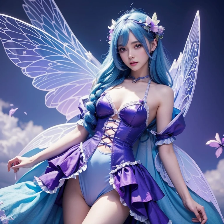 A goddess of love in her little garden, she is surrounded by beautiful flowers, Little angels and fairies accompany her. Your eyes see the sweetness, If seen in a luminous and vaporous form. His body is slender and spectacular. ((breasts big)) (corpo fitness) , wearing sky blue lingerie bikini with butterfly wings, goddess in sky blue lingerie, Look ahead, sitting in a garden, she butterfly wings, wearing sky blue lingerie