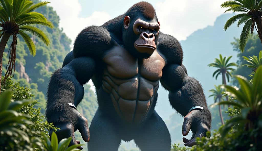 Gorilla puppet lifting barbell in desert, Jerk moves, dynamic action,