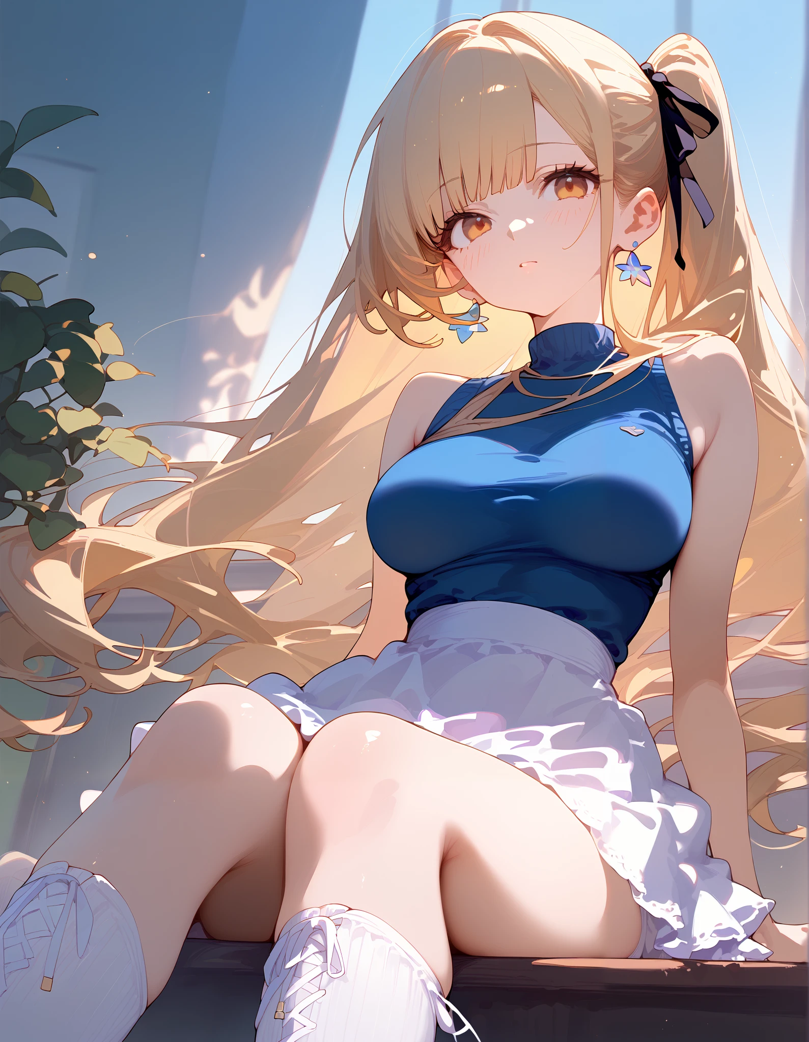 Beautiful anime girl, single girl, alone, blonde, brown eyes, long hair, side ponytail, hair ribbon, large breasts, earrings, thigh high boots, blue shirt, sleeveless, white skirt, ethereal, white skin, super detailed. Sitting, nice legs, thighs, score 9, score 8_up, score 7_up, looking at the viewer, posing. +((☺️)) Blushing lightly.