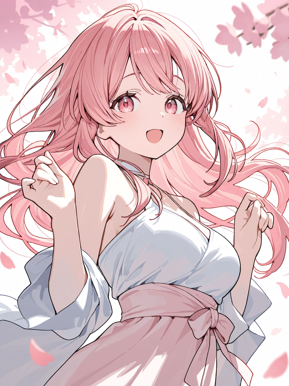 best quality, illustration, expressive eyes, perfect face, (masterpiece), best quality, perfect face, 1girl, solo, ((towel)), (big nipples:0.8), medium breast, long hair, ((wavy hair)), ((blant bangs)), (pink hair), ((black eyes)), smile, onsen, sweaty, blue sky, pigtails , hips