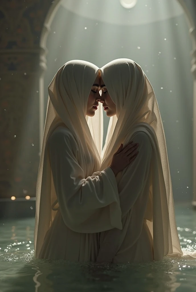 beautiful hijab asian lesbian girl laying down,bra and panties,in the Wood,kiss,lesbian sex,raining,medium breast,looking to the viewer