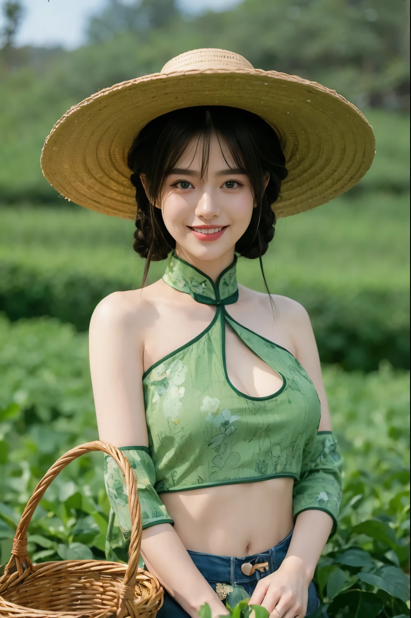 ((Best Quality, 8K, Masterpiece: 1.3)),Sharp: 1.2,Perfect Body Beauty: 1.4,cute girl,short hair,large breasts,Highly detailed face and skin texture,detailed eyes,double eyelids,smile,very short length emerald green shirts with open chest,((fantasy)),((witch)),standing,(wide shot),blue hour