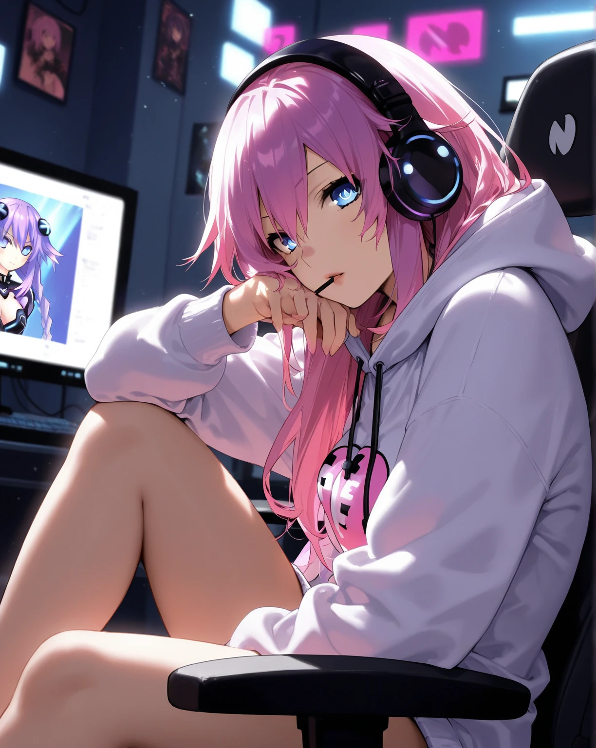 anime girl, cleavage, perfect thighs, thigh gap, long bright pink hair, black headphones on, pink scarf, black knit sweater, short pink skirt, (black stockings), blouse, 8K, high resolution, (((sitting with legs parallel))), see through sweater, underwear showing, panties showing, pink panties,