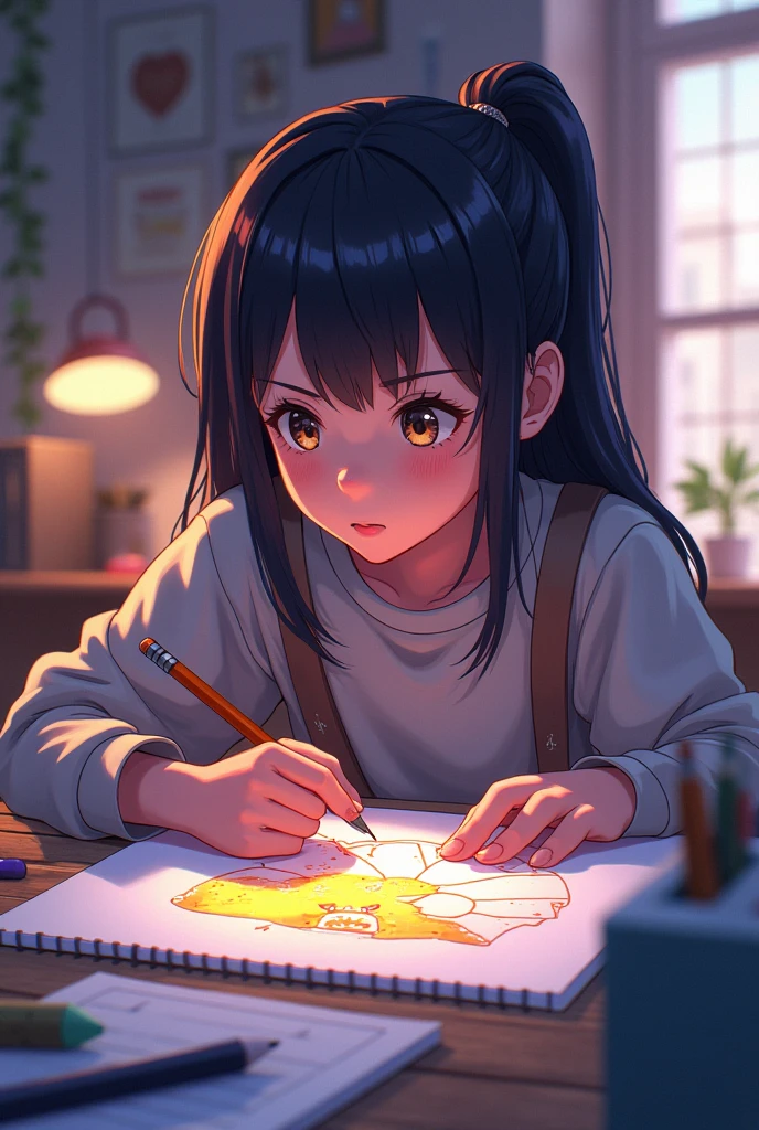 A student is watching a teaching video, drawing in anime style - SeaArt AI