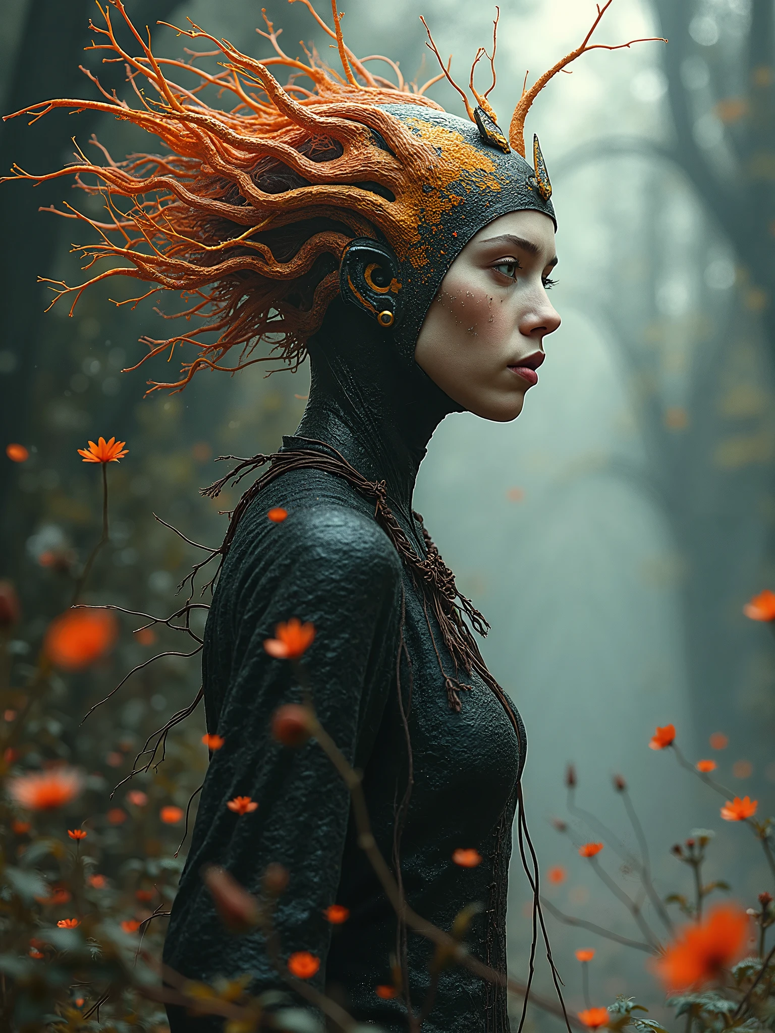 Beautiful. outer space, half lotus pose, universe, stars, galaxy background, she is wearing a Diving Suit Full Body. looking at the viewer, redhead, short curly hair, big black lotus behind her.