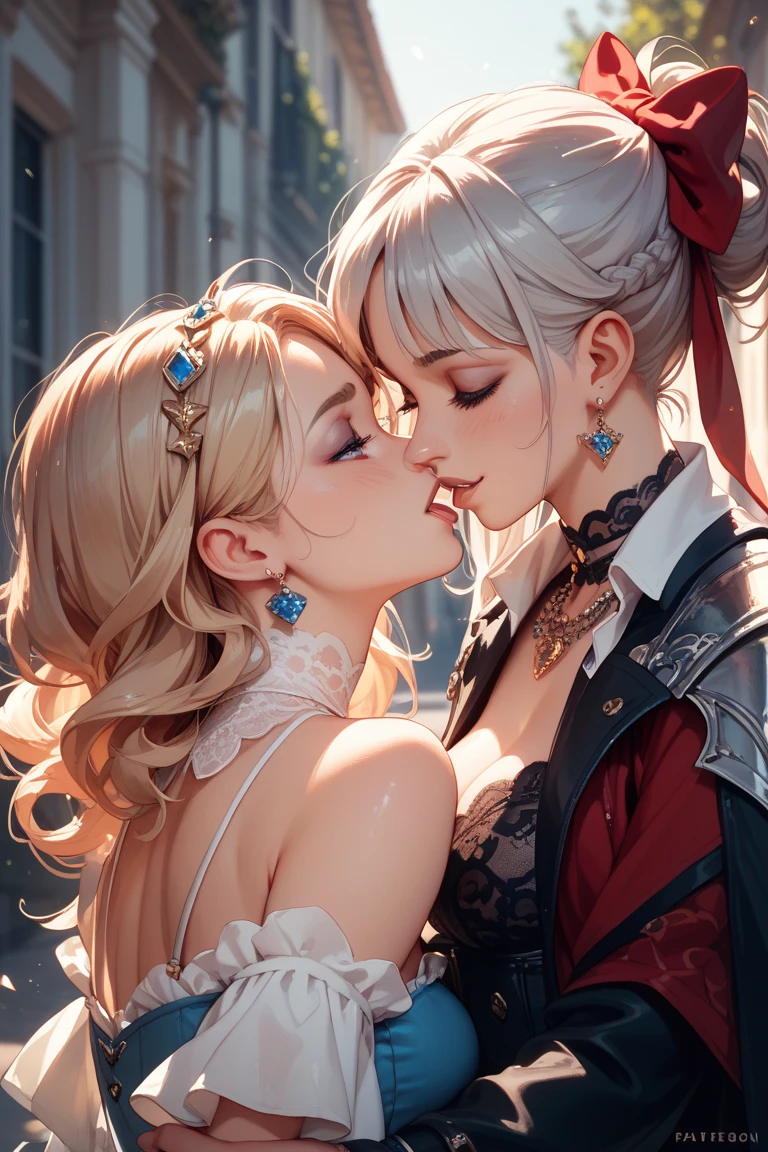 Duas garotas, se beijando, uma loira, cavaleira, uma de cabelo branco, uma anjo, uma humana