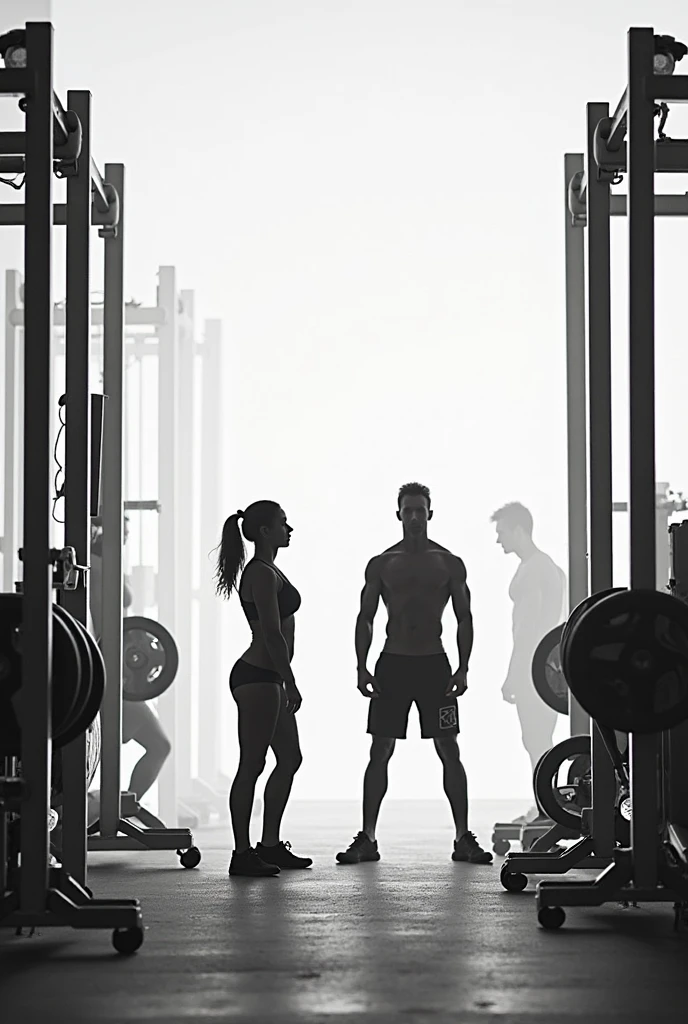 Create an image with a turquoise background where you can see a male silhouette of a Spartan and a female silhouette of a Spartan posing for a Gym cover carrying gym equipment..