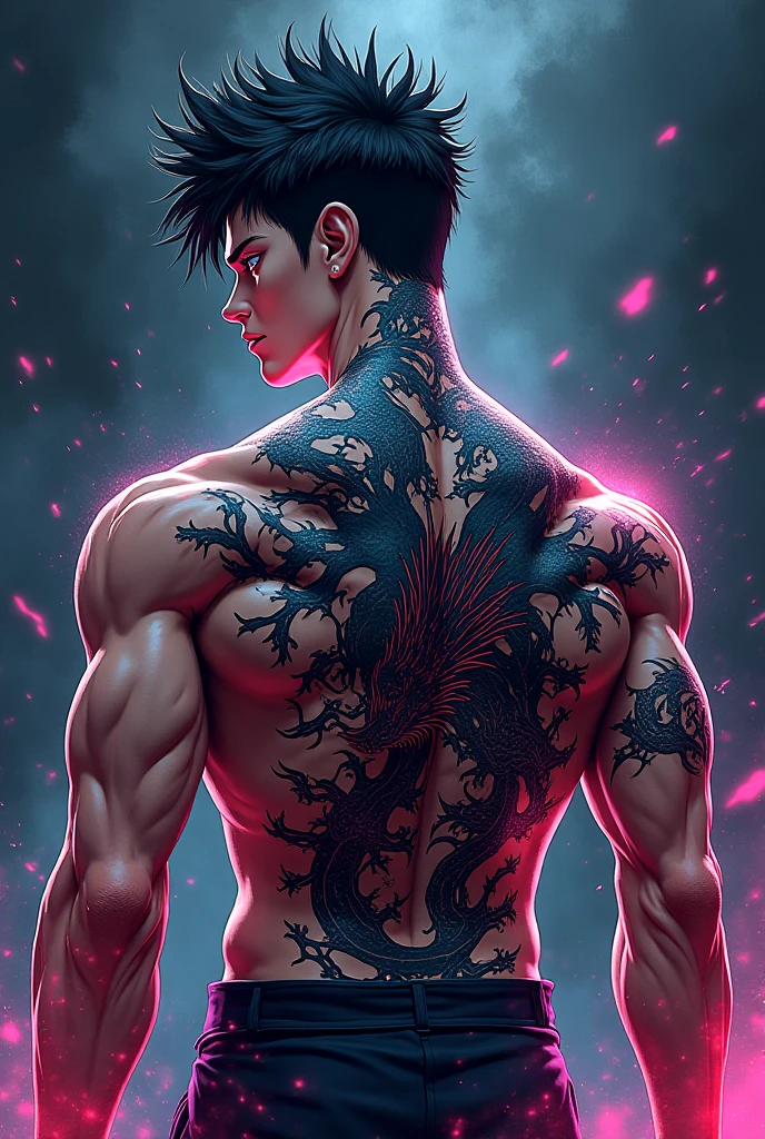 Master masterpiece、the best quality、8K、16 years old male、katsuki bakugou、black trousers、Upper body naked、(Tattoos on the shoulder and back:1.2)、Dragon on background