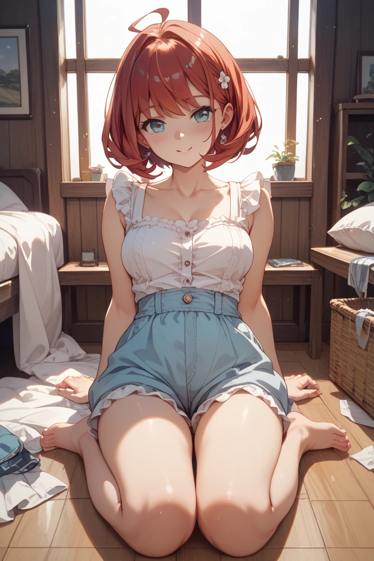 1girl, anime girl, anime, (dark skin), stylish girl, 2d girl, 18y, (fullbody), in bed, anime girl, seductive smile, (orange hair), ((white blouse)), Solo, Slim, Big Breasts, Tight Shorts, low waist shorts, upshorts, lying on the bed, night background through the window, looking at viewer, (((spread legs))), (((legs up))), (((Wedgie))), (((explicit))), (((shorts))), (((absurdres))), (((thigh gap))), (((cameltoe))), (((cleft of venus))), (((lowleg shorts))), (((innie pussy))), (((inniepussy))), (((innie_pussy)))