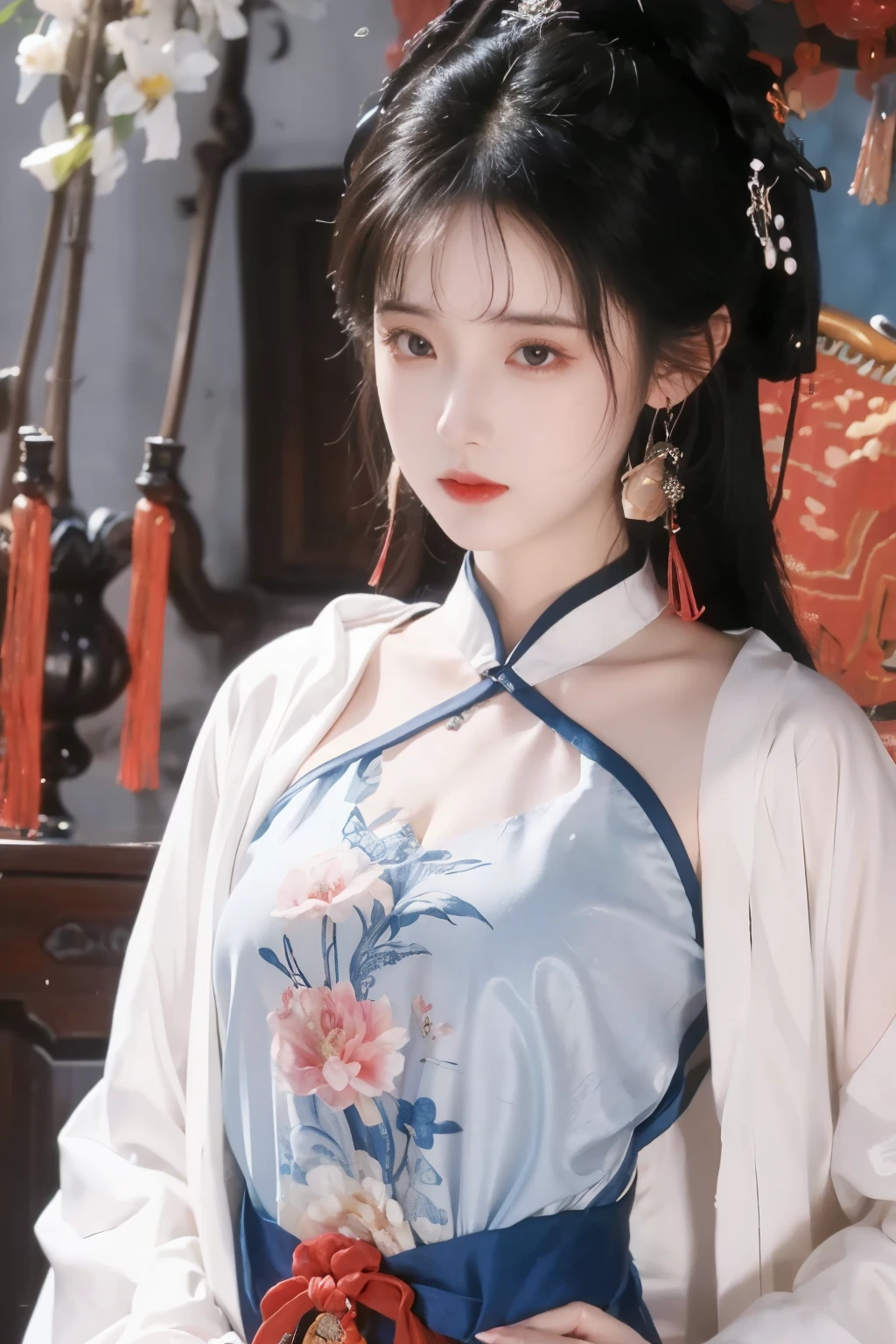 ( masterpiece, Top Quality, best quality, official art, beautiful and aesthetic:1.2), (1 Girl:1.3), flat chest, extremely detailed,(Fractal Art:1.1),(Flowers:1.3),Highest Detail,(dynamic pose), (background:1.3), (Traditional Chinese blue and white clothing:1.2), (Glossy Skin), ( many colors :1.4), ,(earrings:1.1),